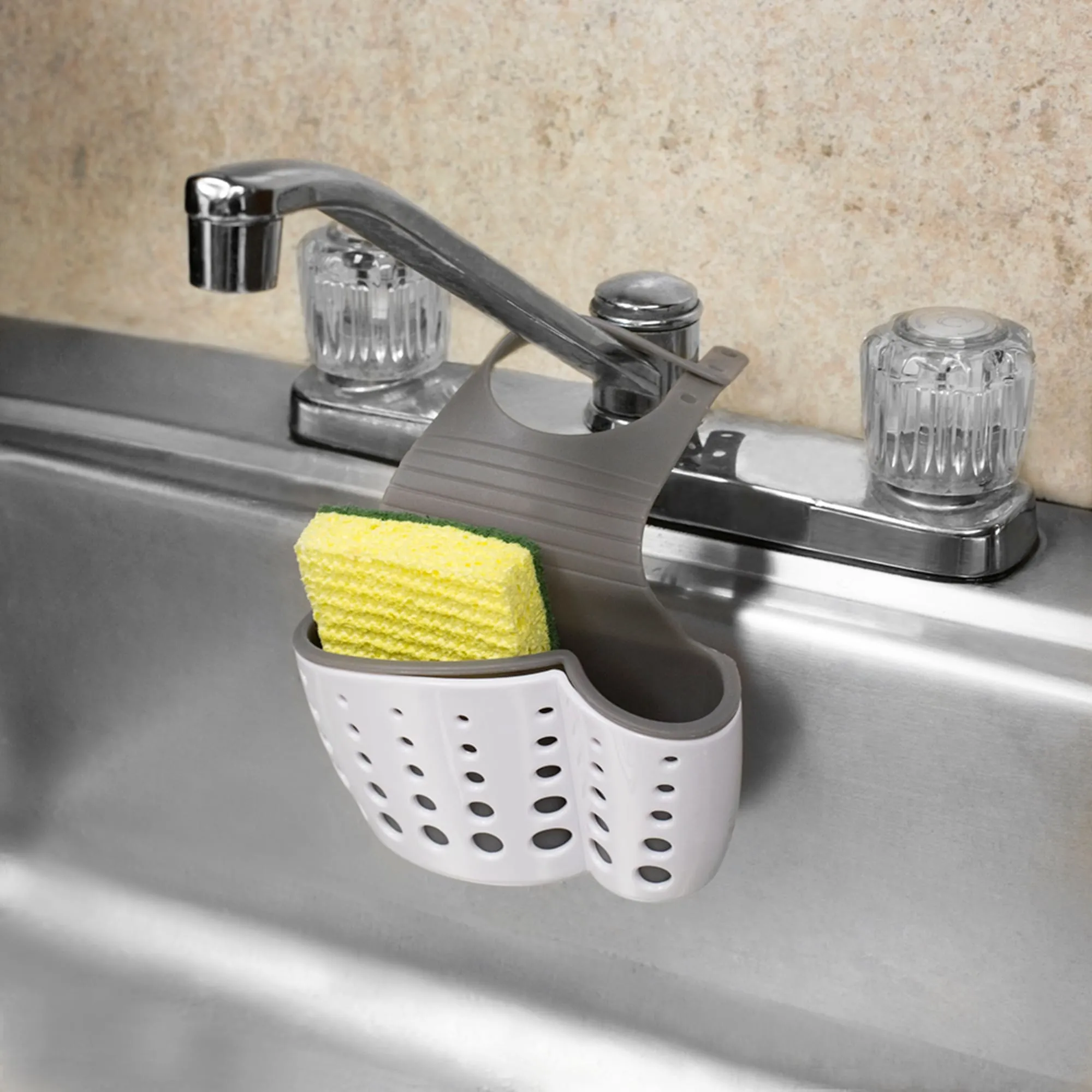 Draining Faucet Sponge Holder, White/Grey