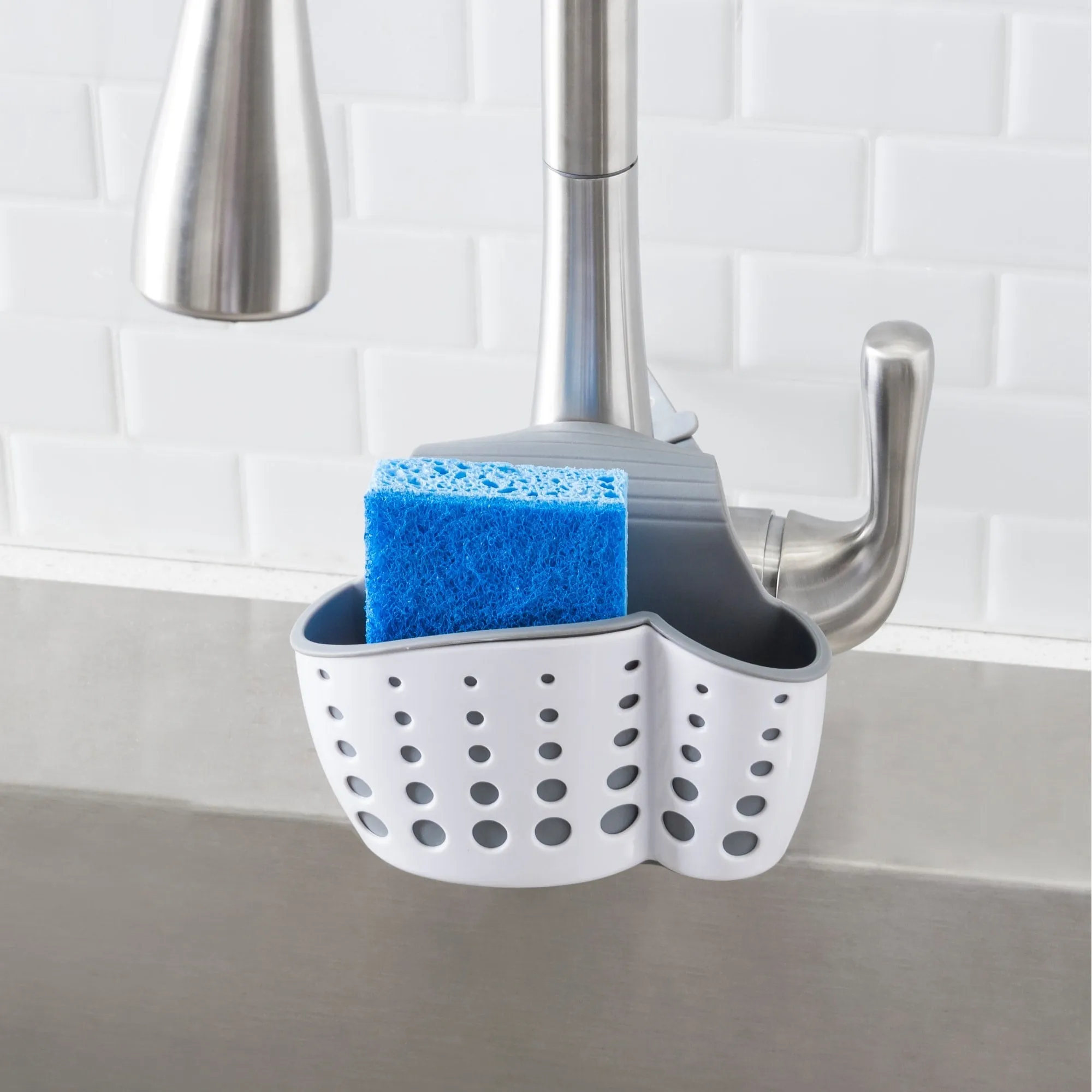 Draining Faucet Sponge Holder, White/Grey