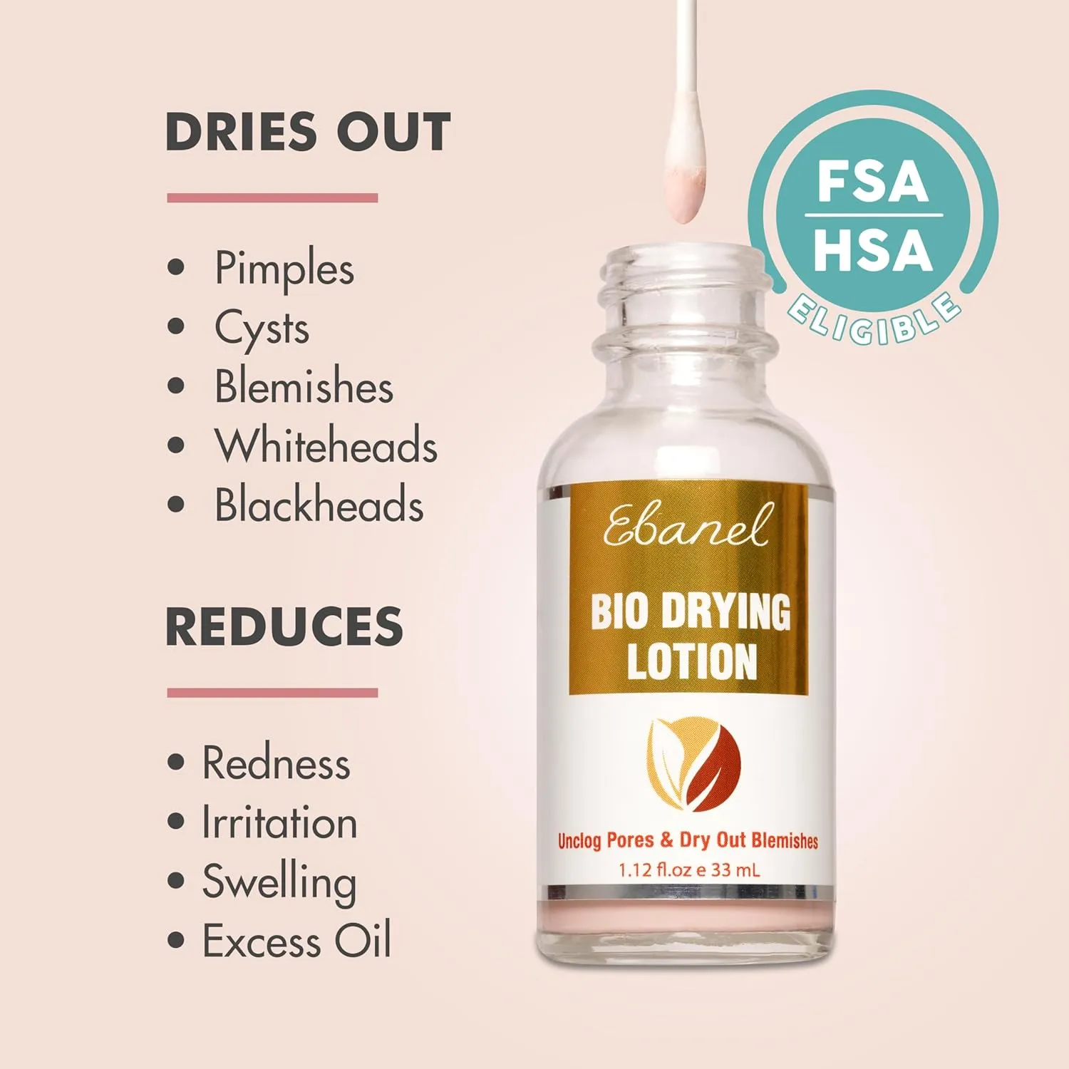 Ebanel FSA HSA Acne Spot Treatment Drying Lotion for Face and Body with Sulfur and Salicylic Acid for Cystic and Hormonal Acne, Unclogs Pores, Dries Out Pimples, Cysts, Blemishes, and Zits Overnight