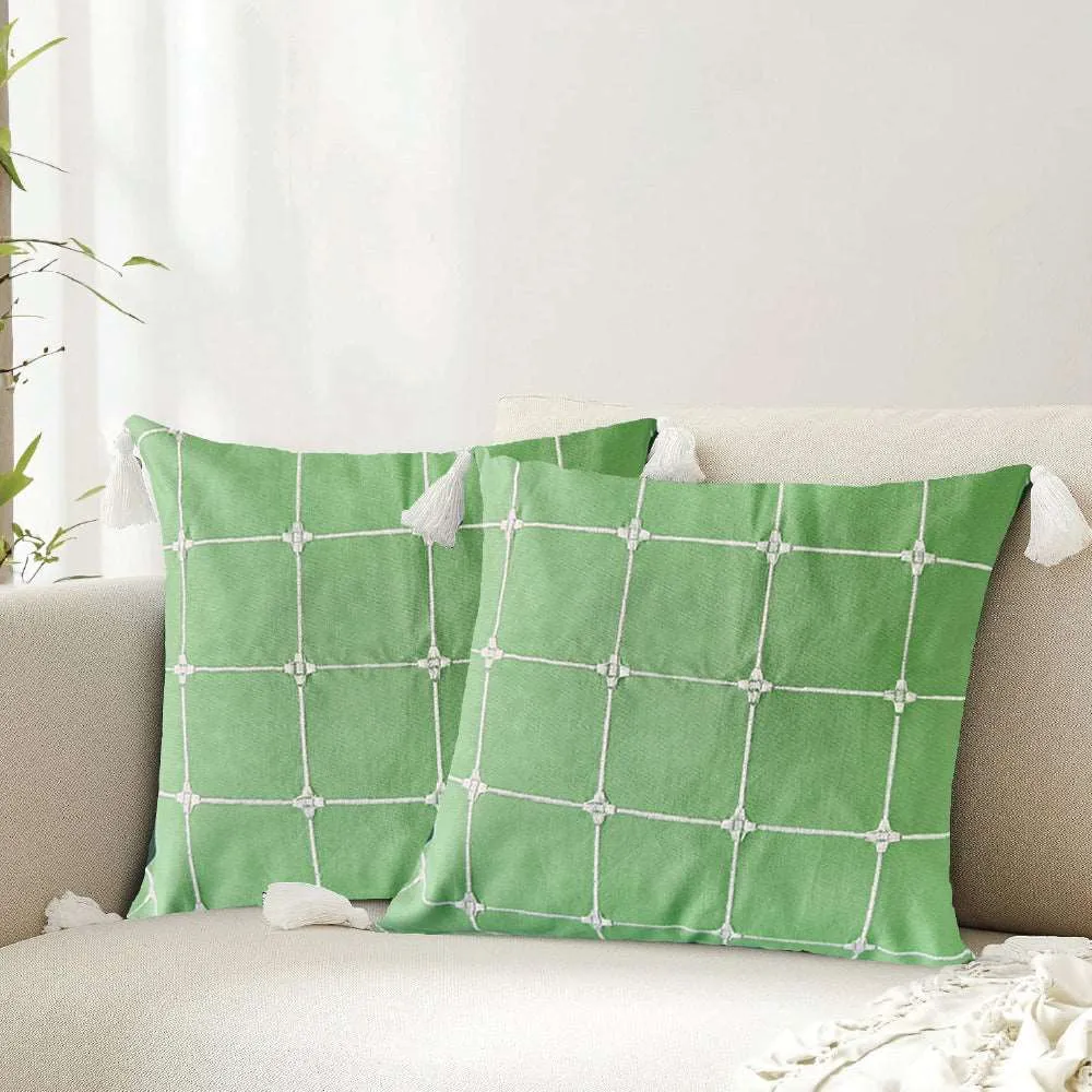 Embroidered Cotton Cushion Cover, for Sofa, Bedroom, Living Room - Set of 2 - Aura Checks Green