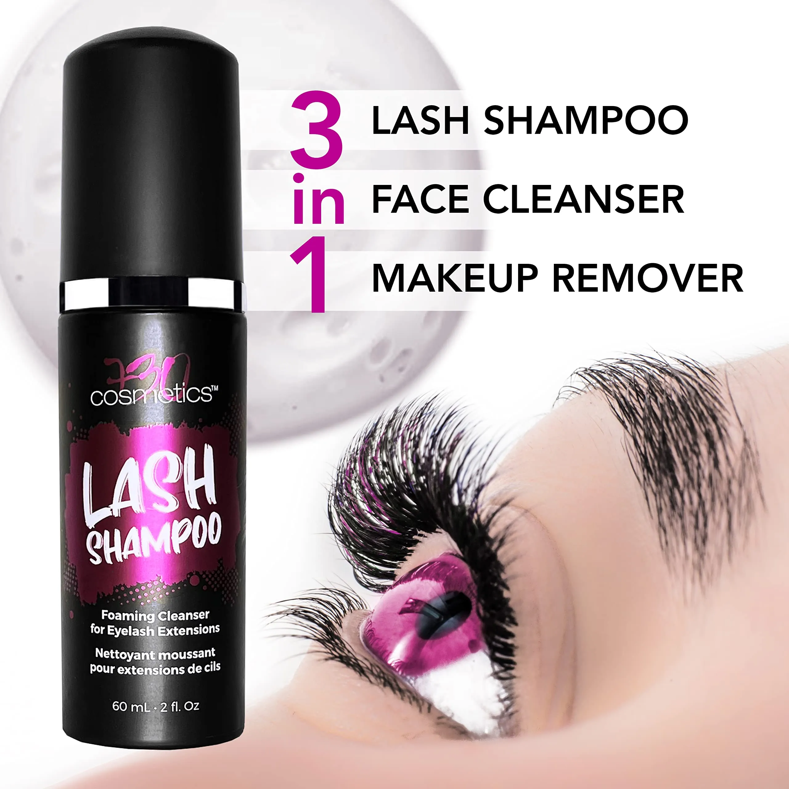 Eyelash Extension Cleansing Set with Foaming Shampoo, Refill Bottle, Brush and Makeup Remover Towel - Non-irritating Cleanser for Extensions and Natural Lashes