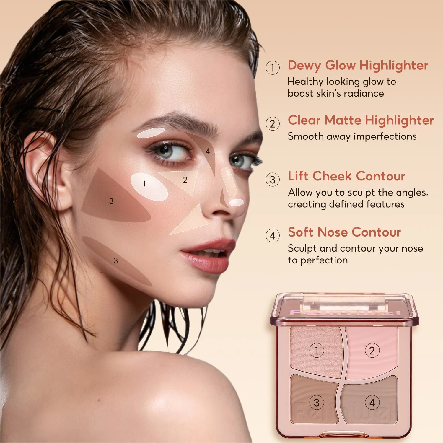FelinWel 4 Colors Highlighter Contour Palette Makeup 3D Bronzer Matte Powder