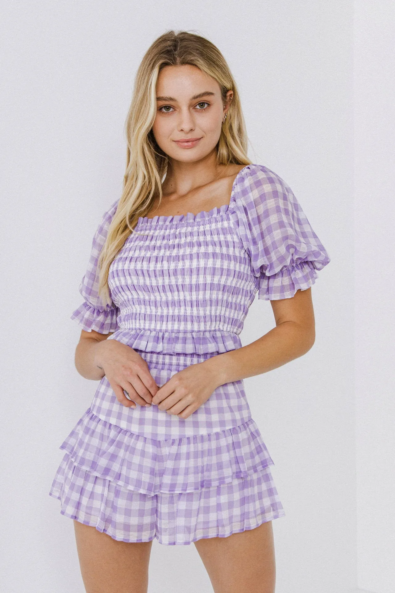 Gingham Print Smocked Top