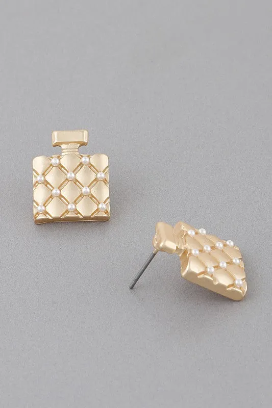 Gold Cream Quilted Perfume Stud Earrings