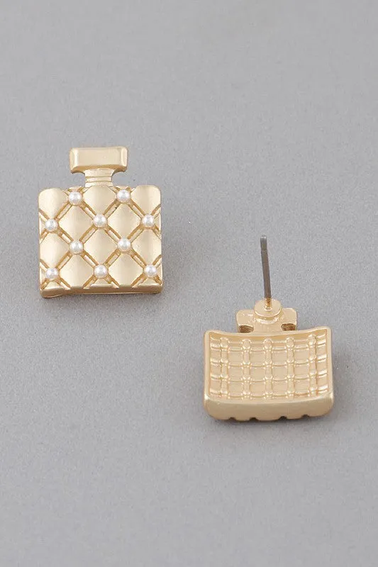 Gold Cream Quilted Perfume Stud Earrings