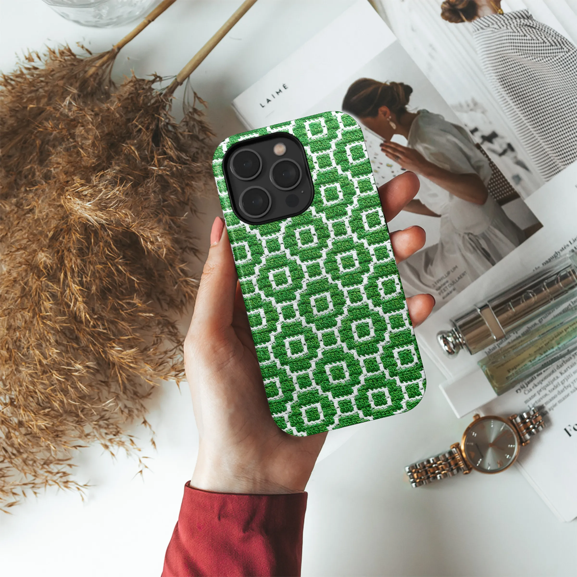Green White Knitted Mosaic Phone Case iPhone Samsung Cover Pixel 3848