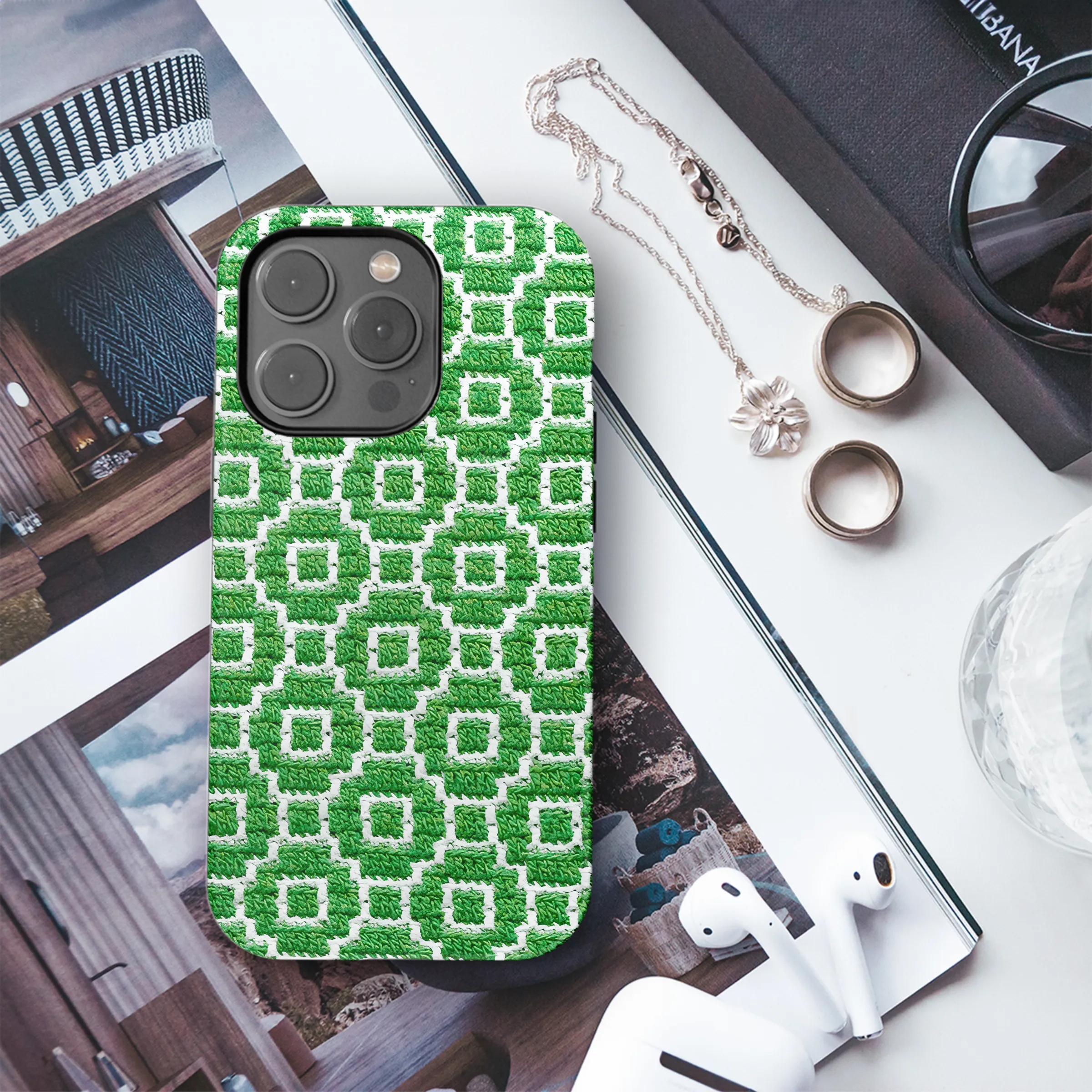 Green White Knitted Mosaic Phone Case iPhone Samsung Cover Pixel 3848