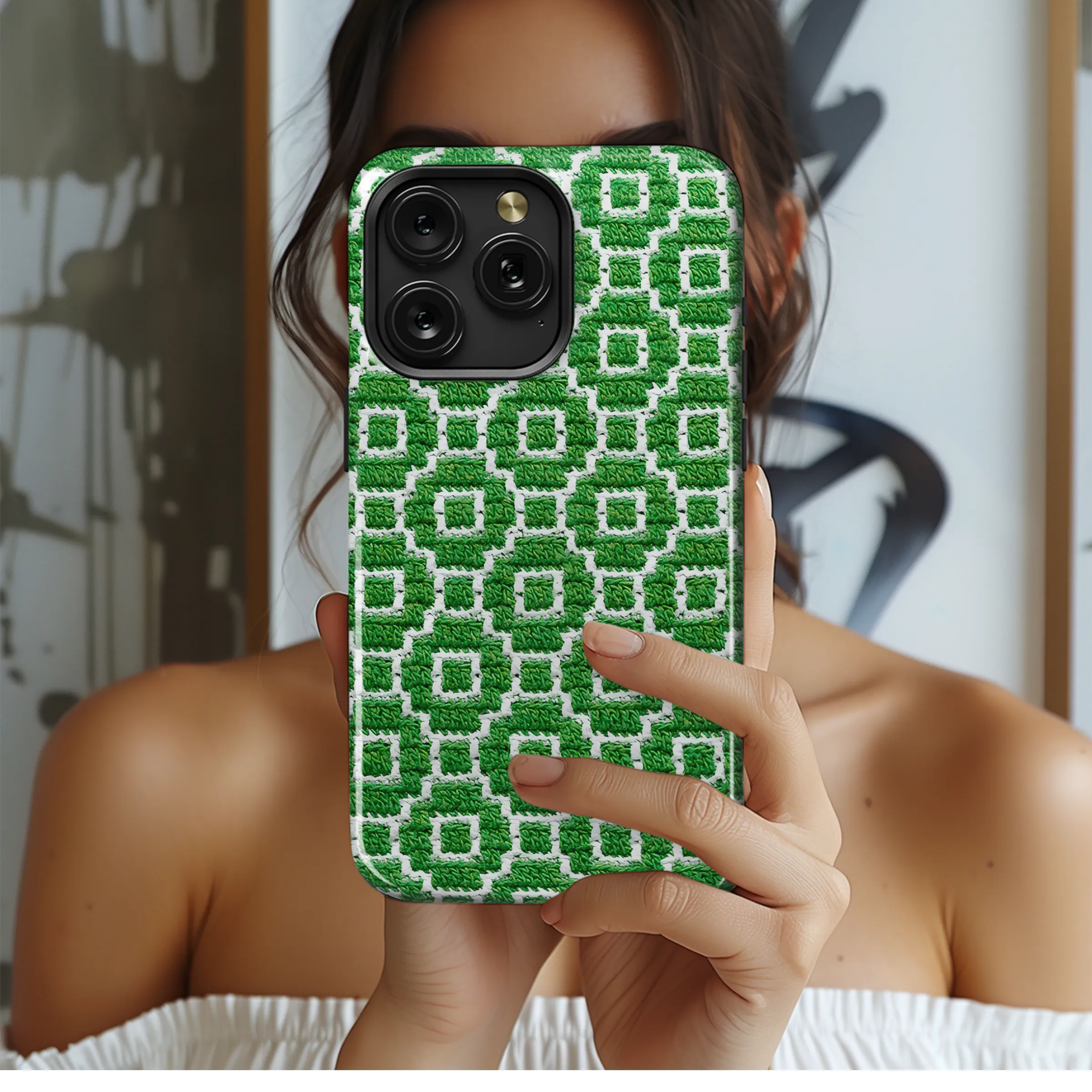 Green White Knitted Mosaic Phone Case iPhone Samsung Cover Pixel 3848