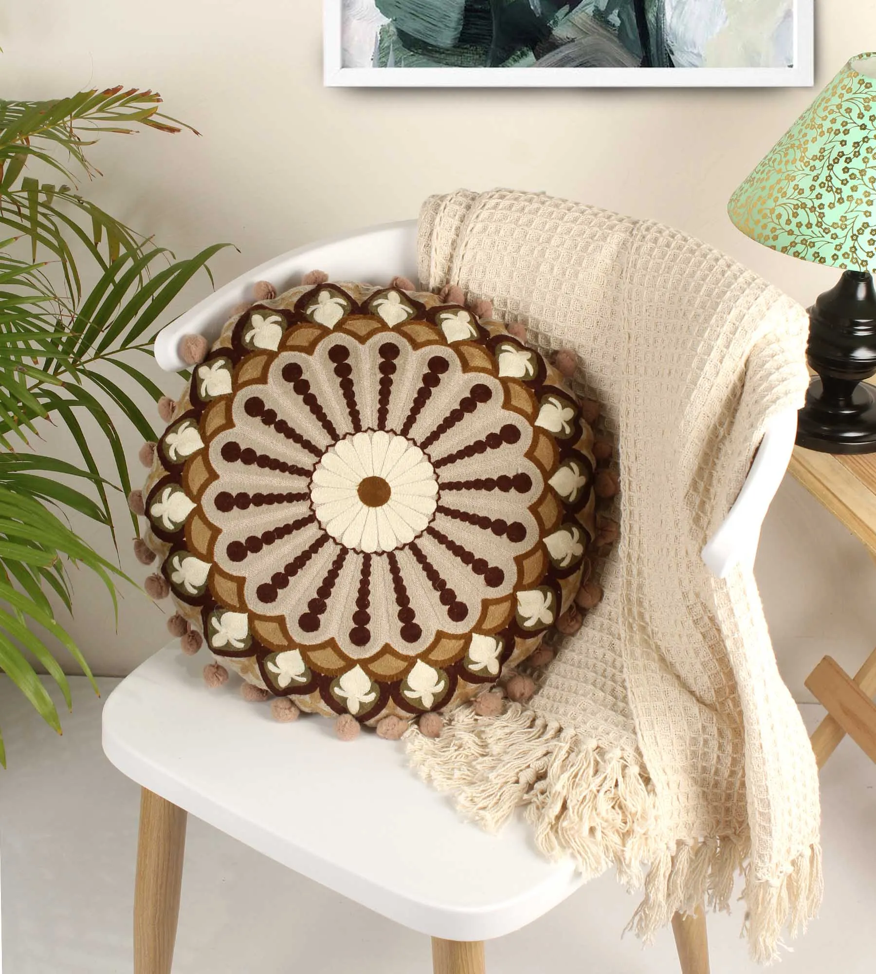 Hazel Helix Embroidery Round Cotton Cushion