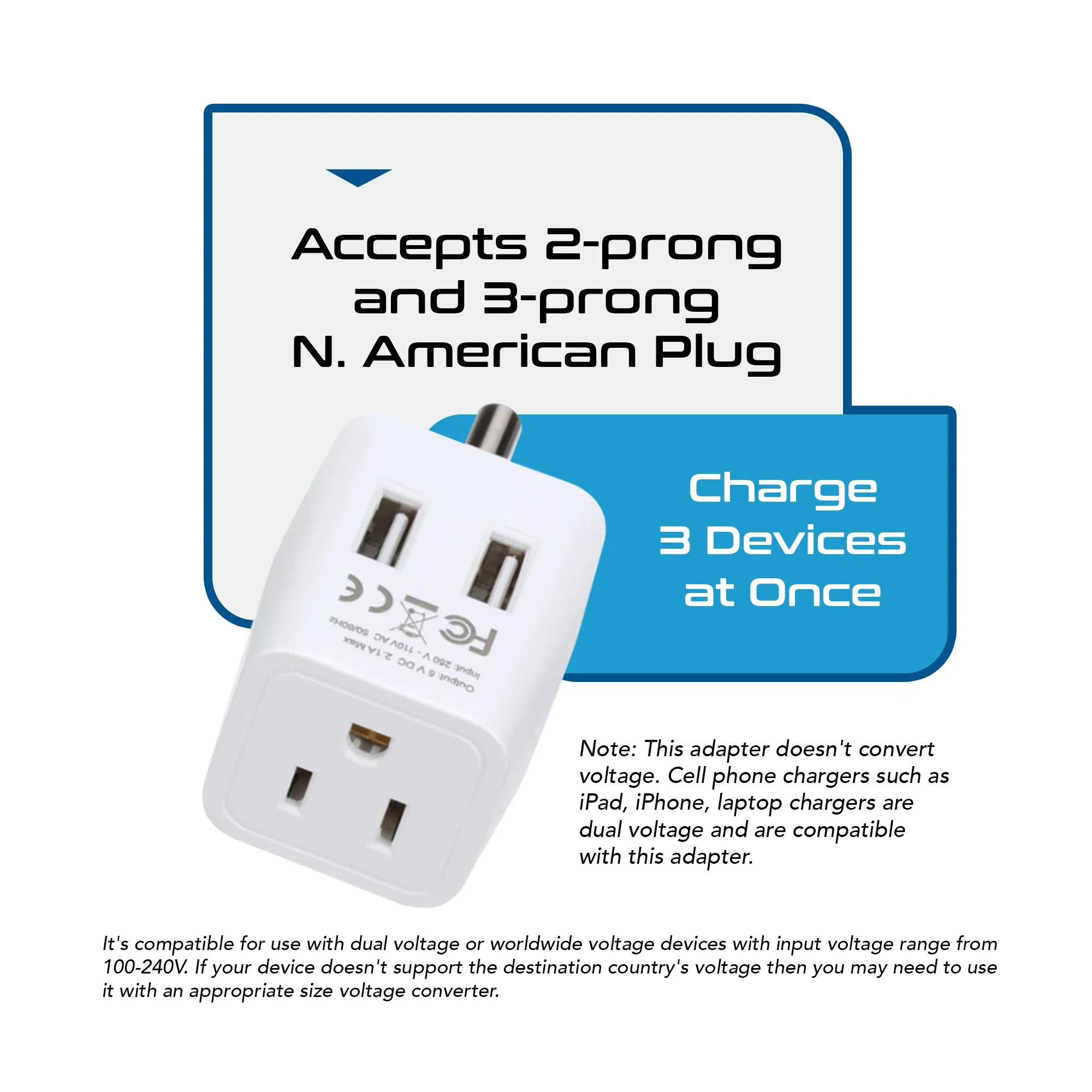 India Travel Adapter - Type D - Dual USB (CTU-10)