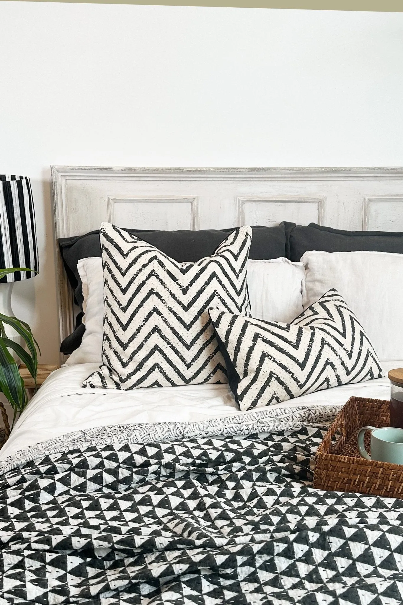 Large Black and Cream Chevron Cushion Cover in Cotton and Linen