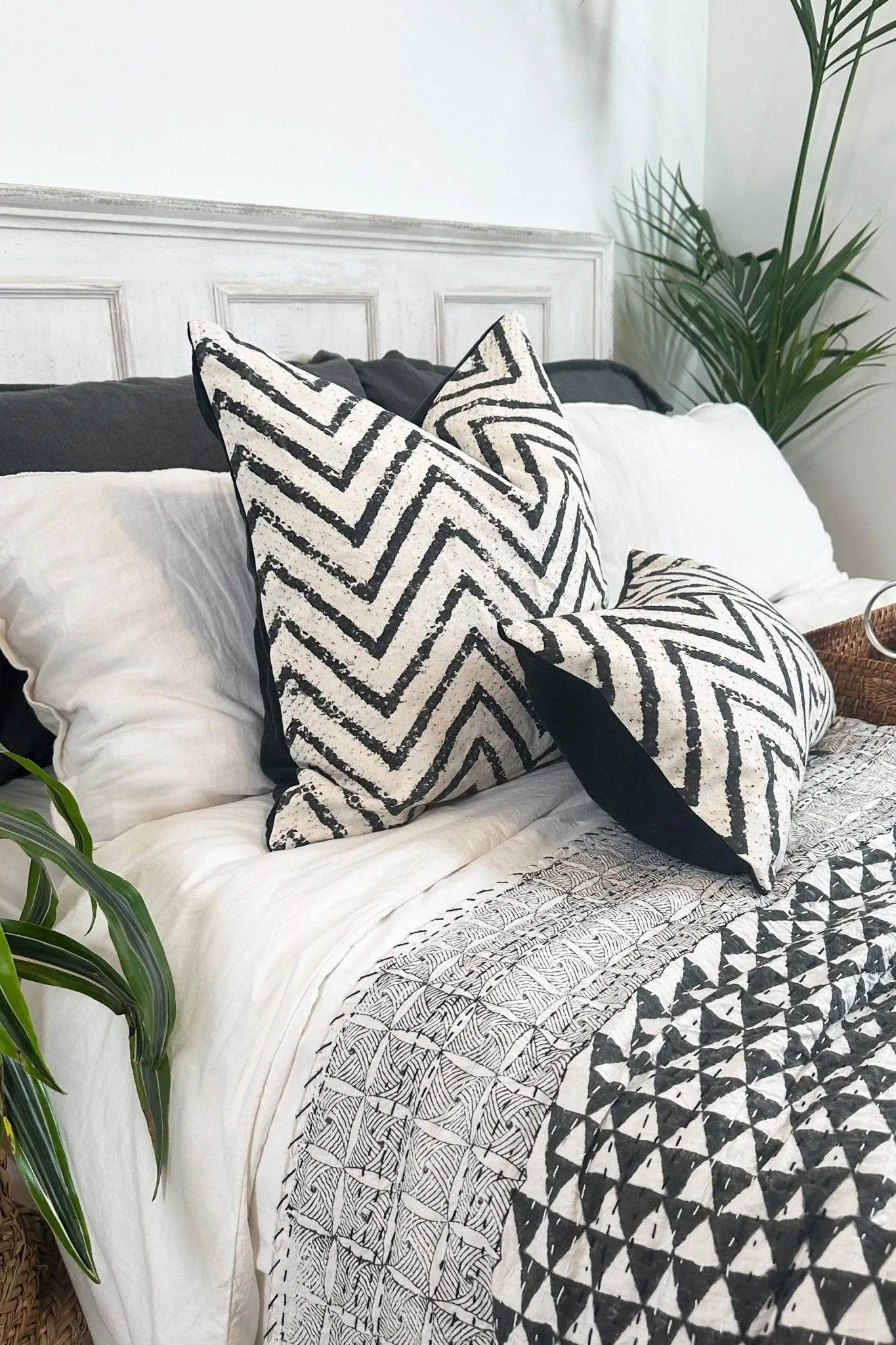 Large Black and Cream Chevron Cushion Cover in Cotton and Linen