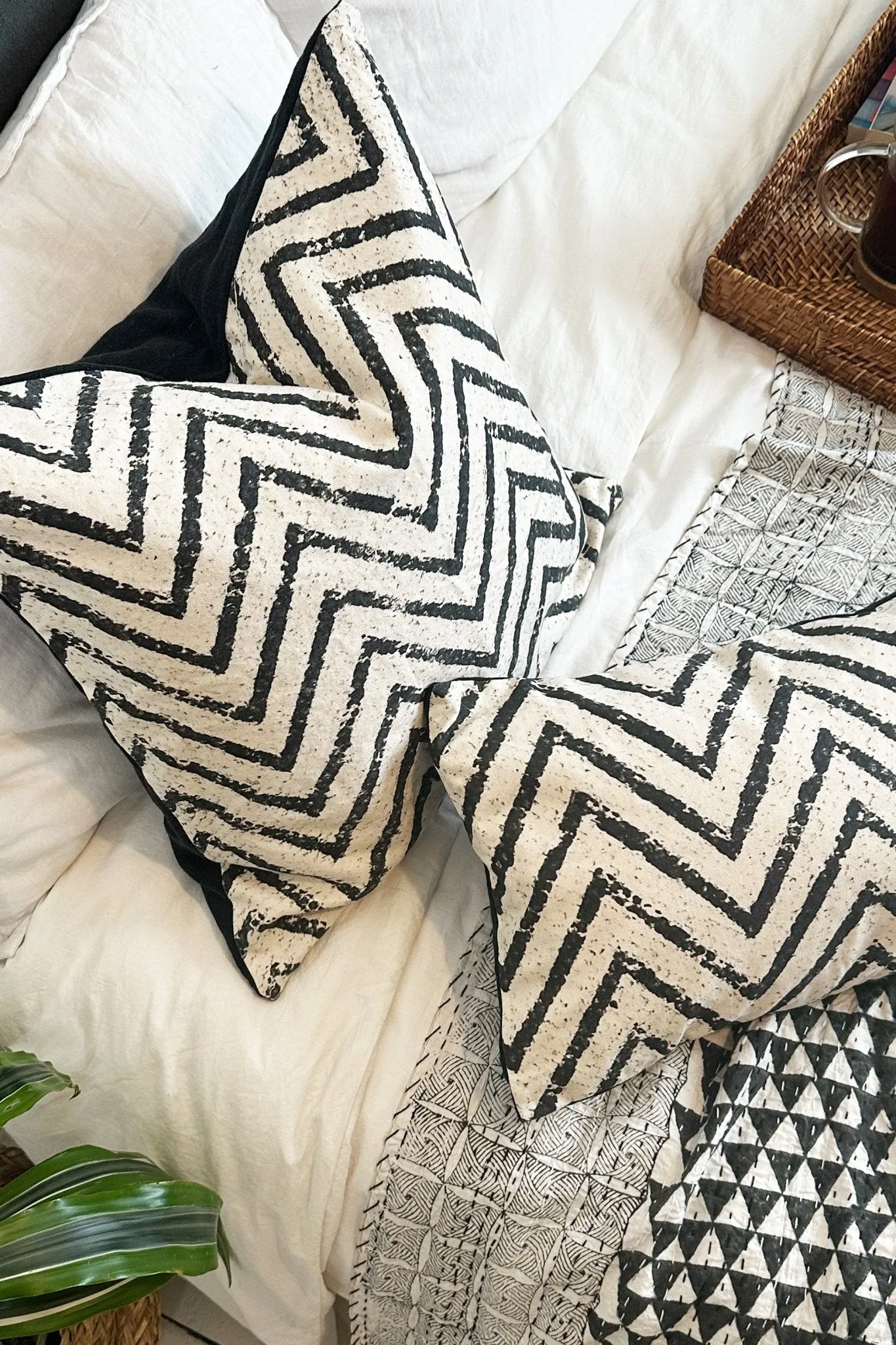 Large Black and Cream Chevron Cushion Cover in Cotton and Linen