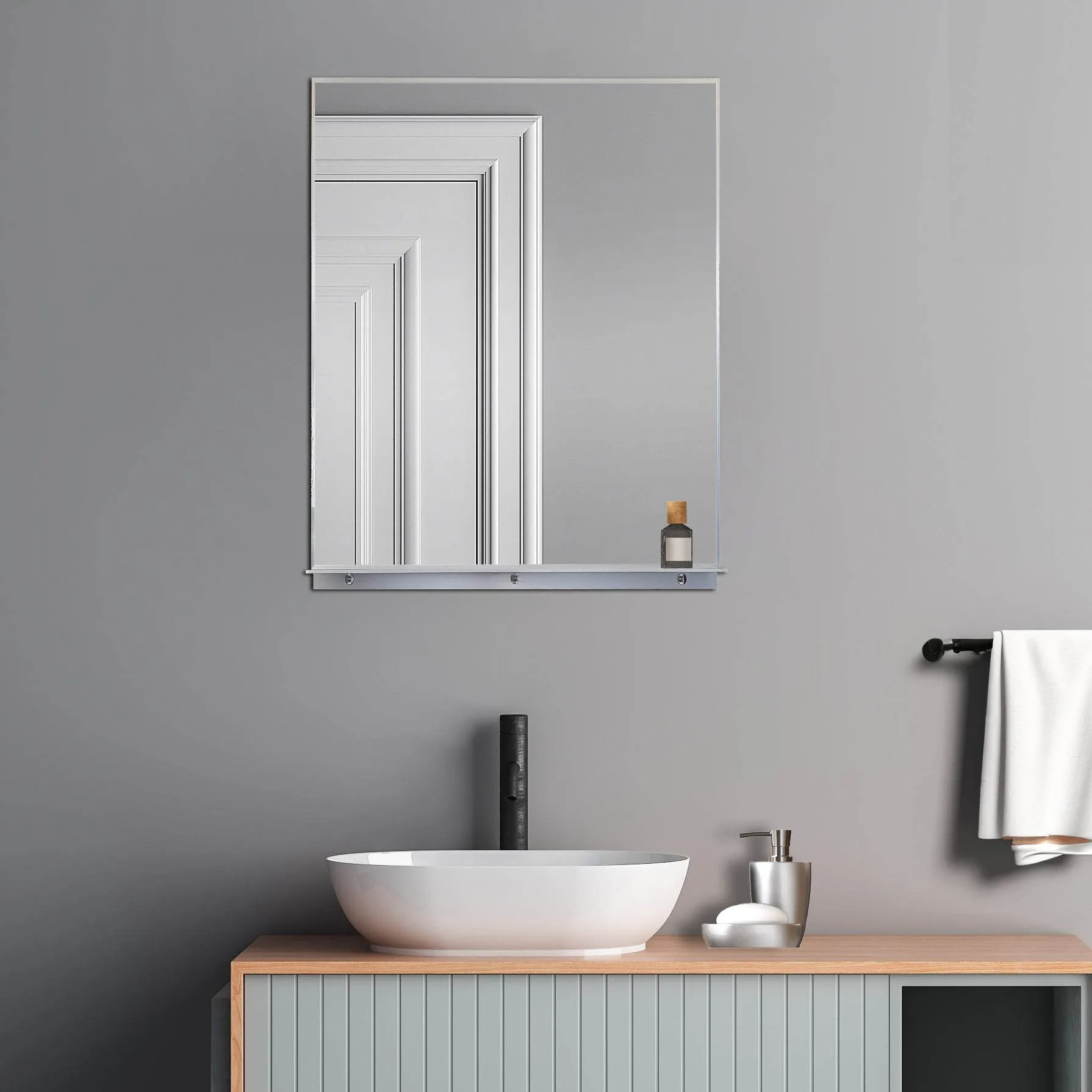 Lexi 24"W x 32"H Rectangular Framed Mirror with Integrated Shelf - in Black & Chrome