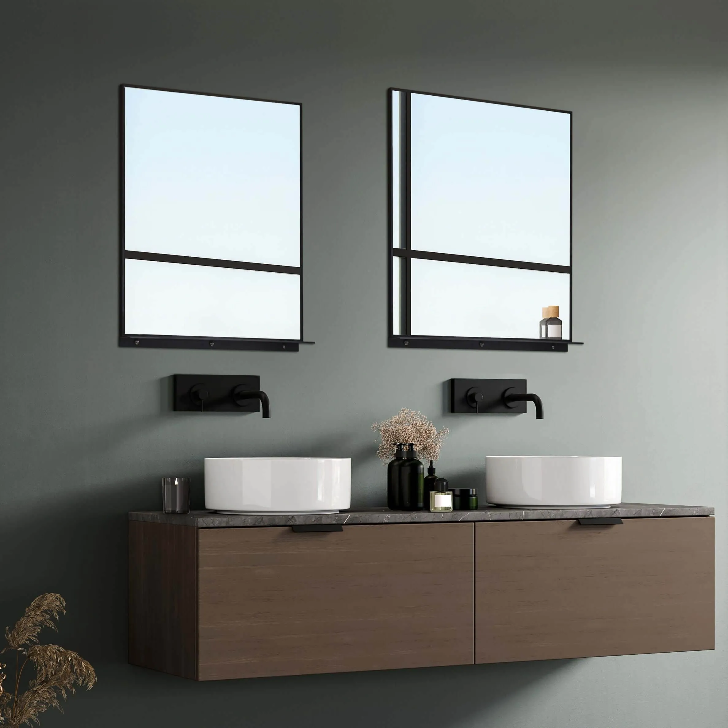 Lexi 24"W x 32"H Rectangular Framed Mirror with Integrated Shelf - in Black & Chrome