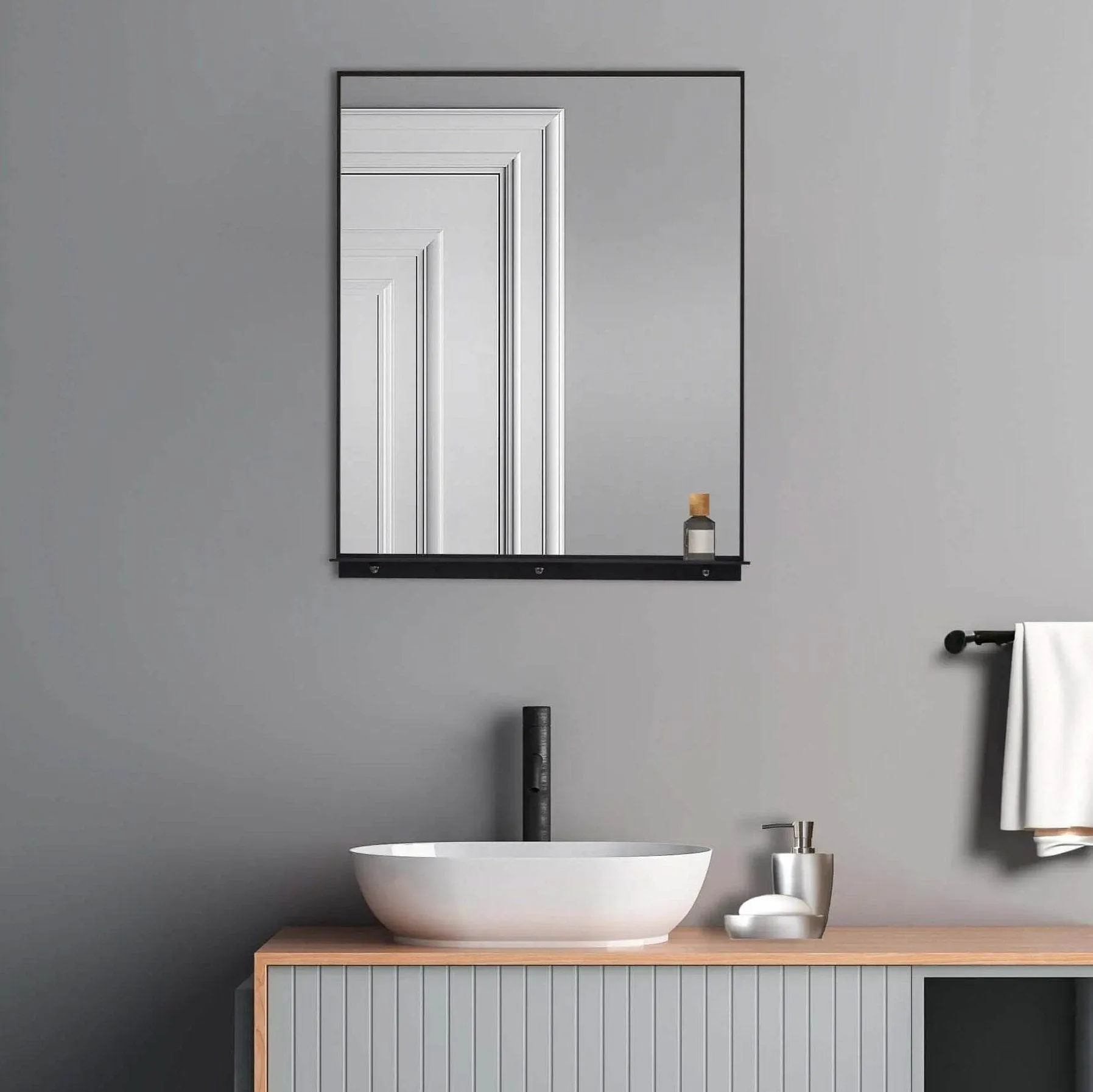 Lexi 24"W x 32"H Rectangular Framed Mirror with Integrated Shelf - in Black & Chrome