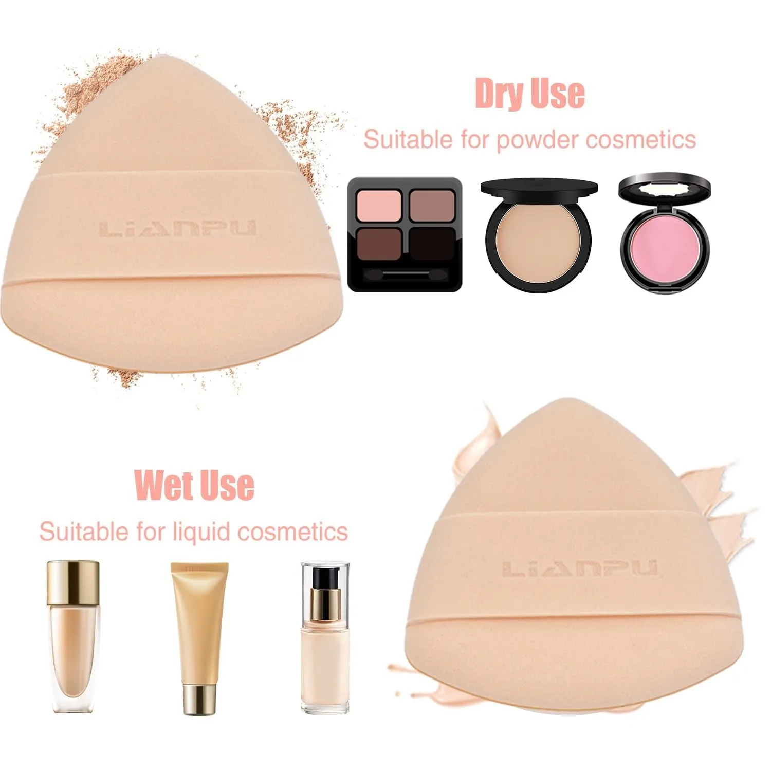 Lian Pu Powder Puff Face Soft Triangle Makeup Puff Makeup Sponge Beauty Blender For Under Eyes And Face Corners Loose Setting Powder Wet And Dry Beauty Makeup Tools (Pink)