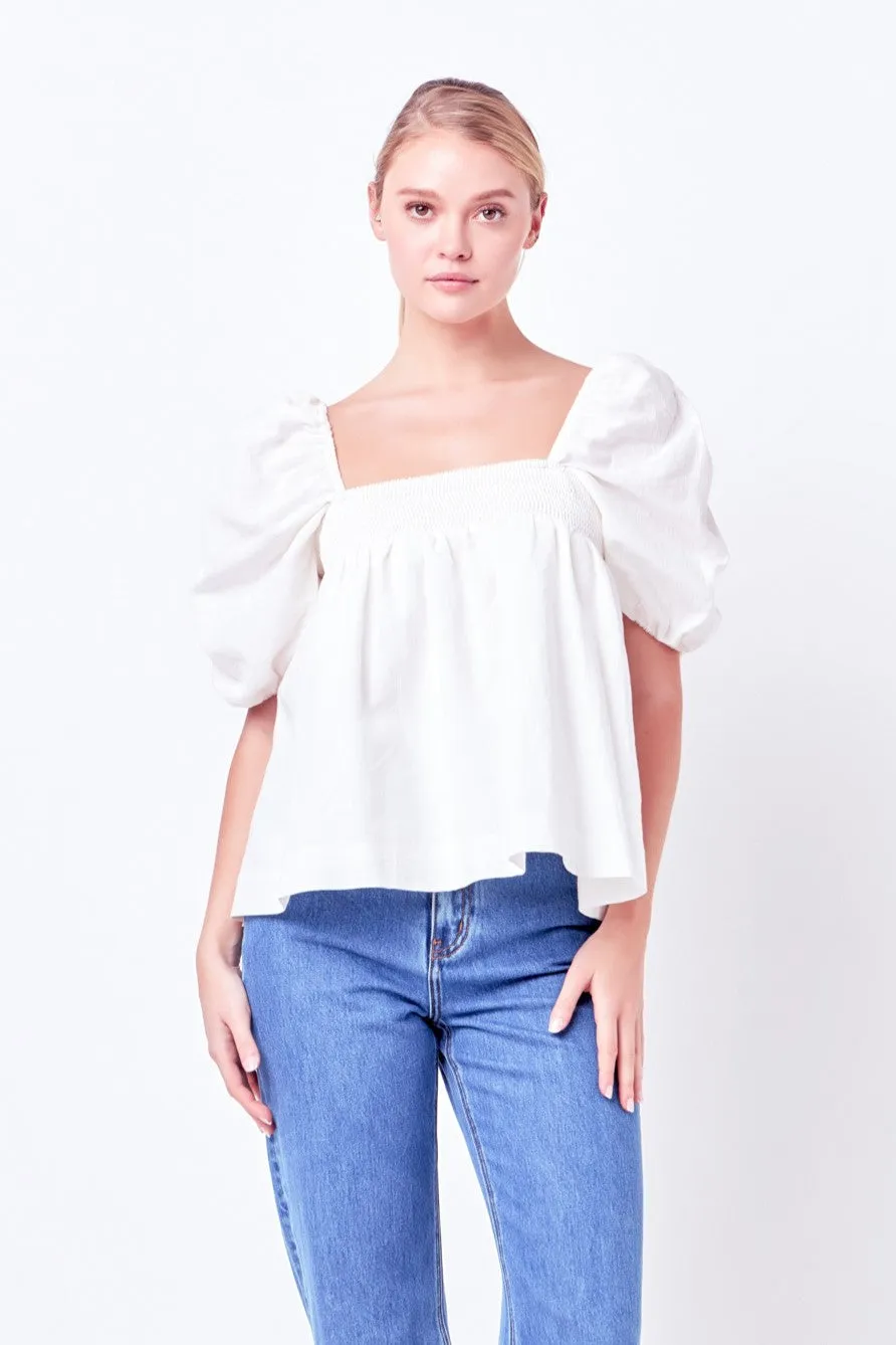 Linen Ruched Sleeve Top