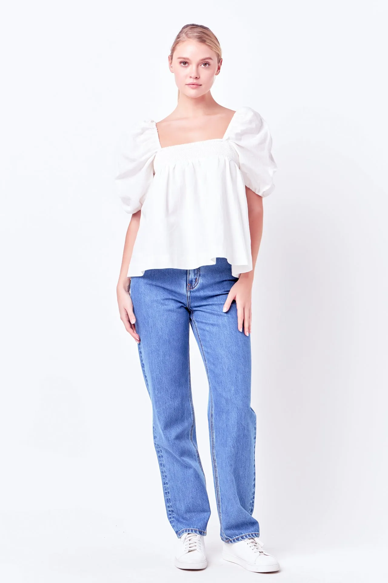 Linen Ruched Sleeve Top