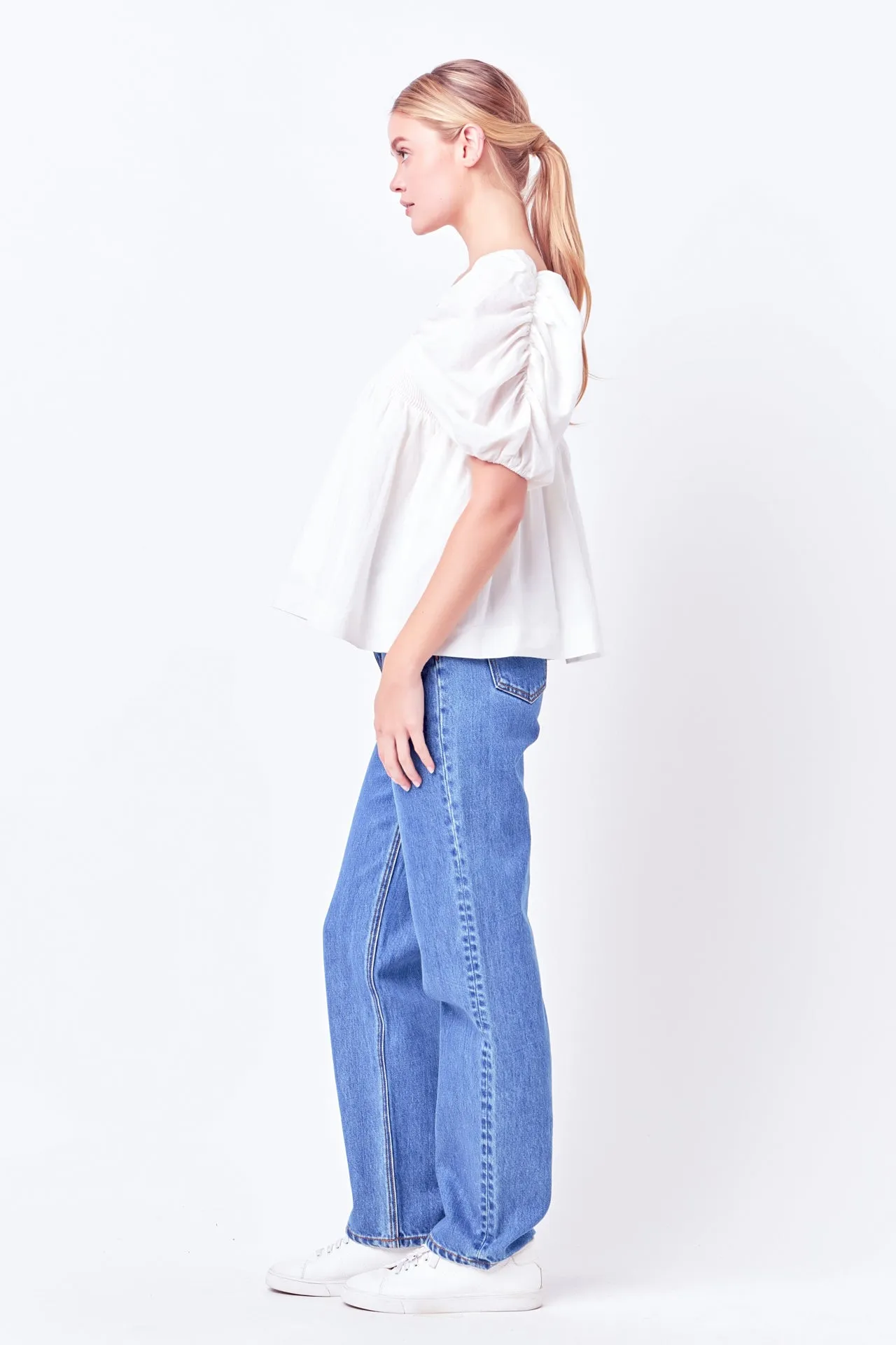 Linen Ruched Sleeve Top
