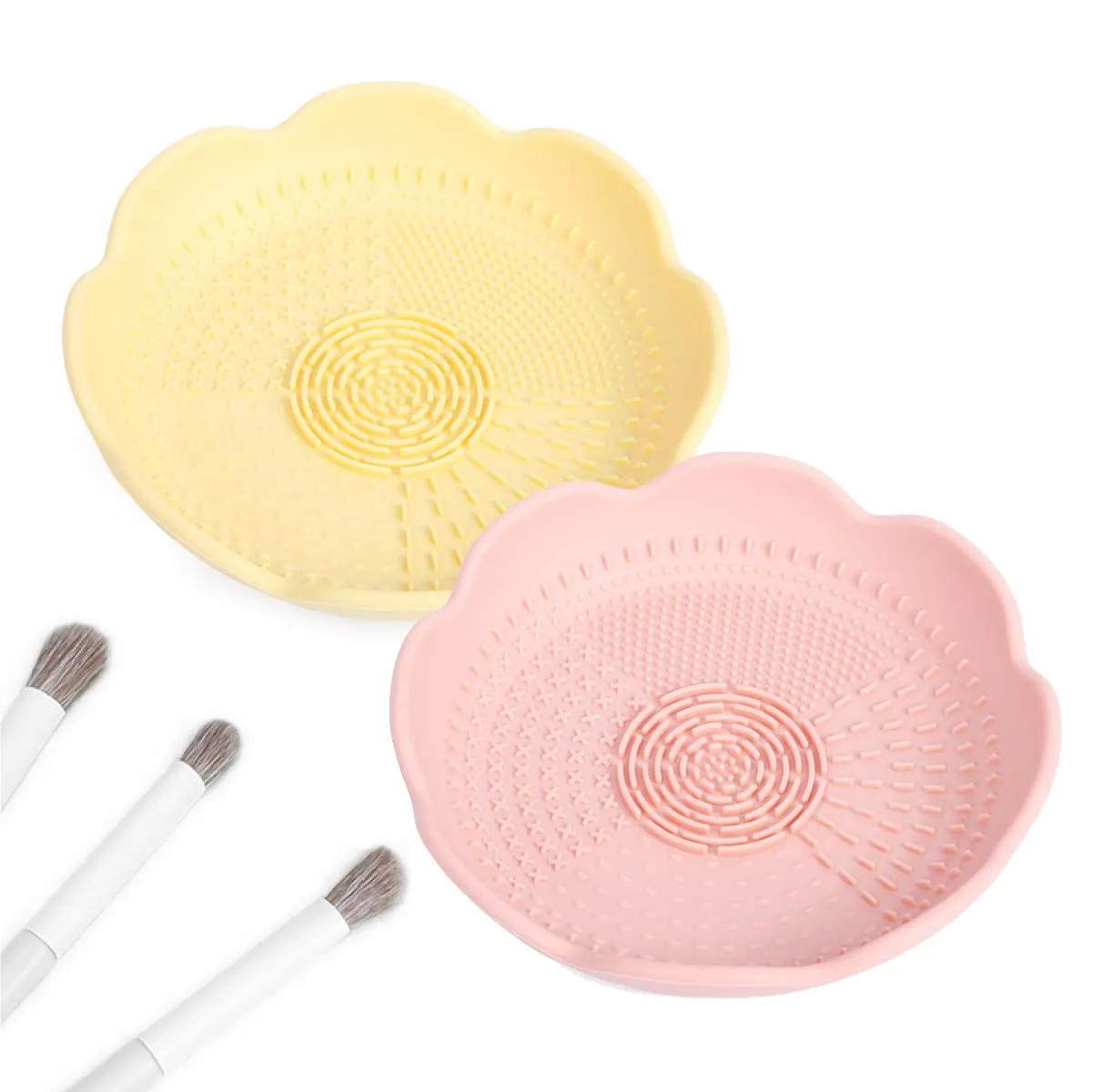 Makeup Brush Cleaner,Silicone Makeup Brush Cleaner Mat,Petal Makeup Brush Cleaner and Holder Bowl,Stylish Cosmetic Brush Cleaner Pad Bowl for Makeup Brush and Drawing Tool,2 PCS-Pink,Yellow