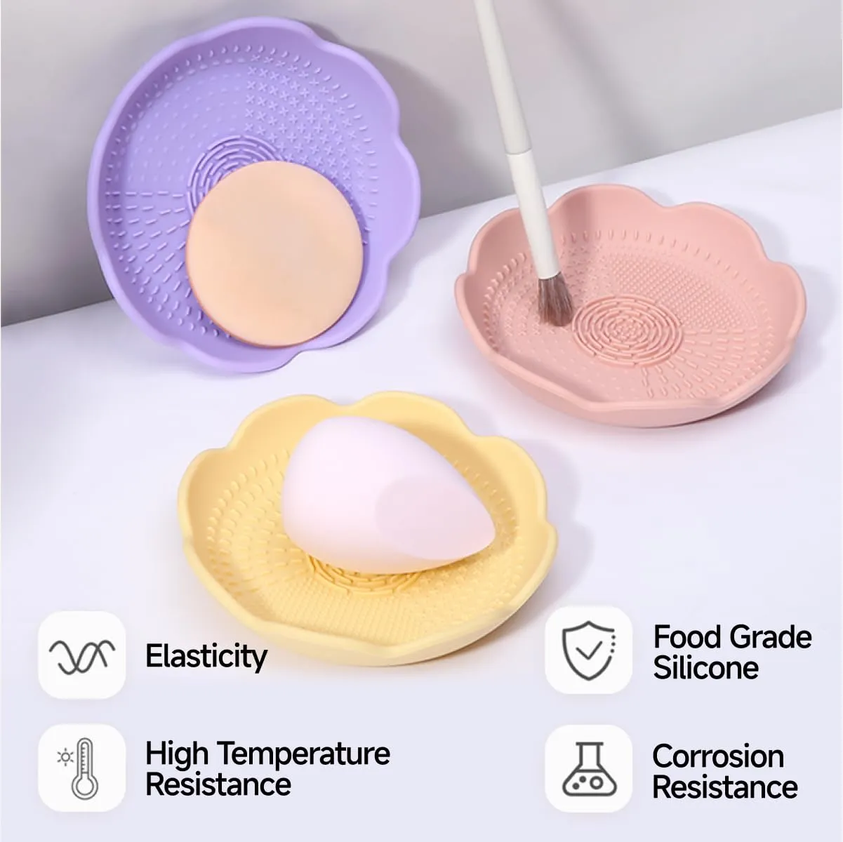 Makeup Brush Cleaner,Silicone Makeup Brush Cleaner Mat,Petal Makeup Brush Cleaner and Holder Bowl,Stylish Cosmetic Brush Cleaner Pad Bowl for Makeup Brush and Drawing Tool,2 PCS-Pink,Yellow