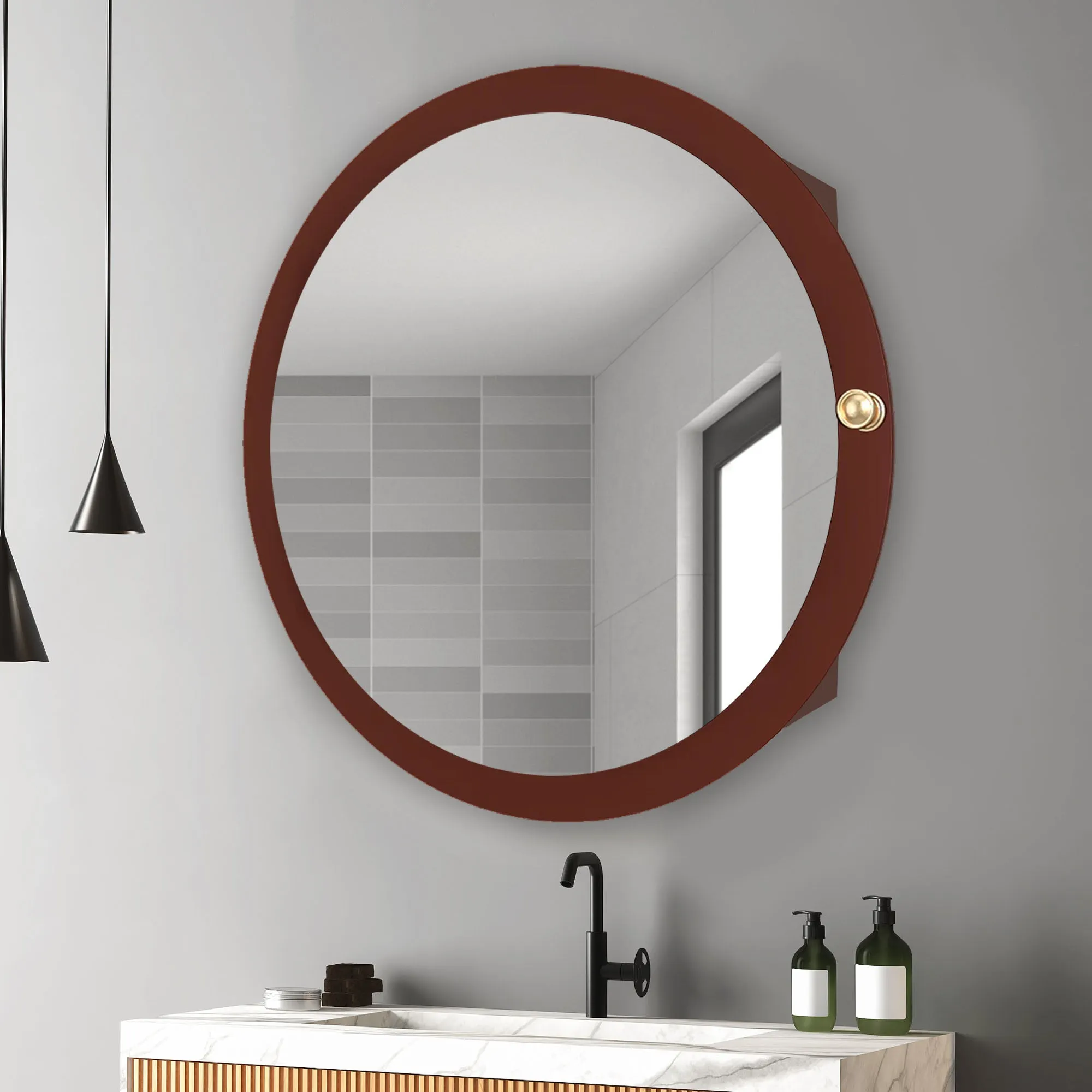 Modish Circular Wooden Bathroom Cabinet Mirror with 2 Spacious Shelves with Brown Finish