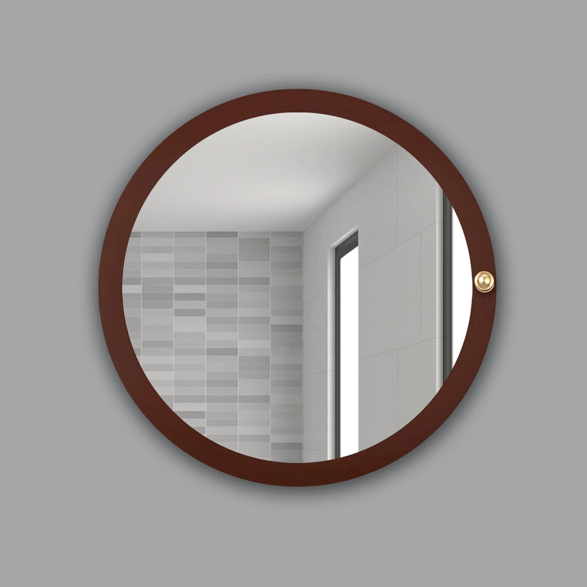 Modish Circular Wooden Bathroom Cabinet Mirror with 2 Spacious Shelves with Brown Finish
