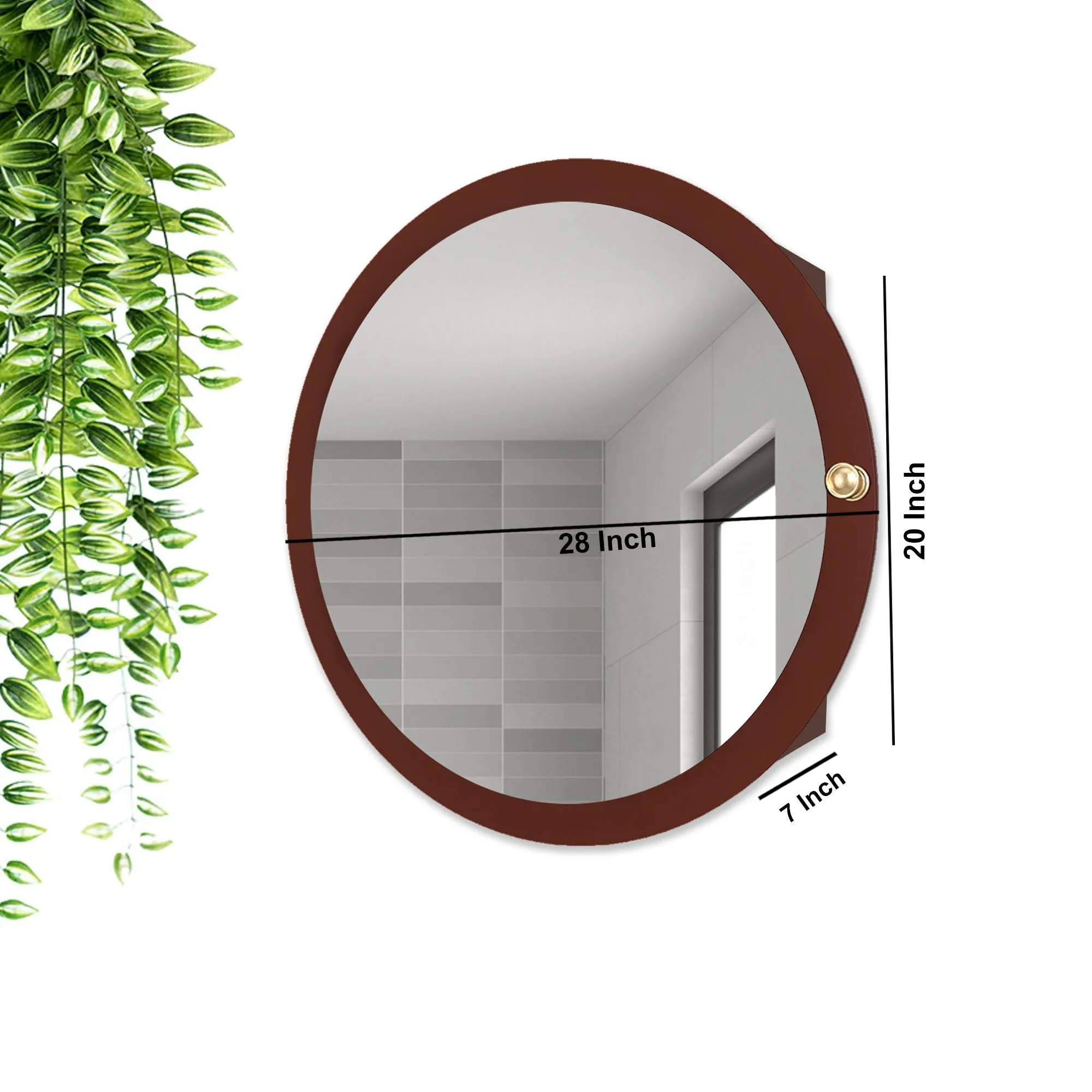 Modish Circular Wooden Bathroom Cabinet Mirror with 2 Spacious Shelves with Brown Finish