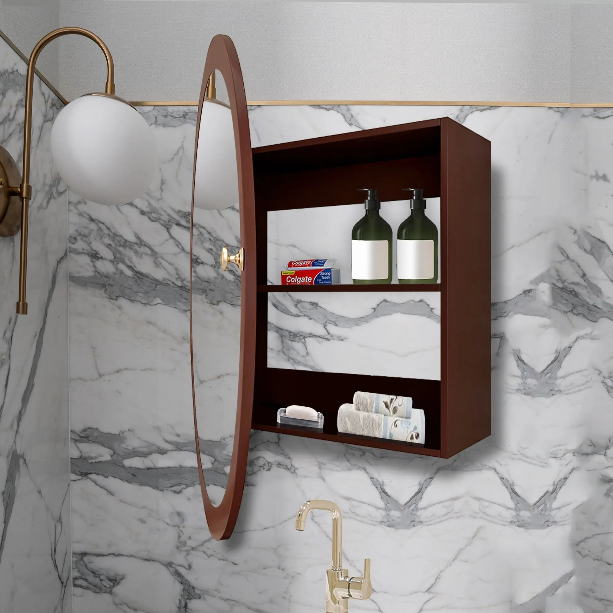 Modish Circular Wooden Bathroom Cabinet Mirror with 2 Spacious Shelves with Brown Finish