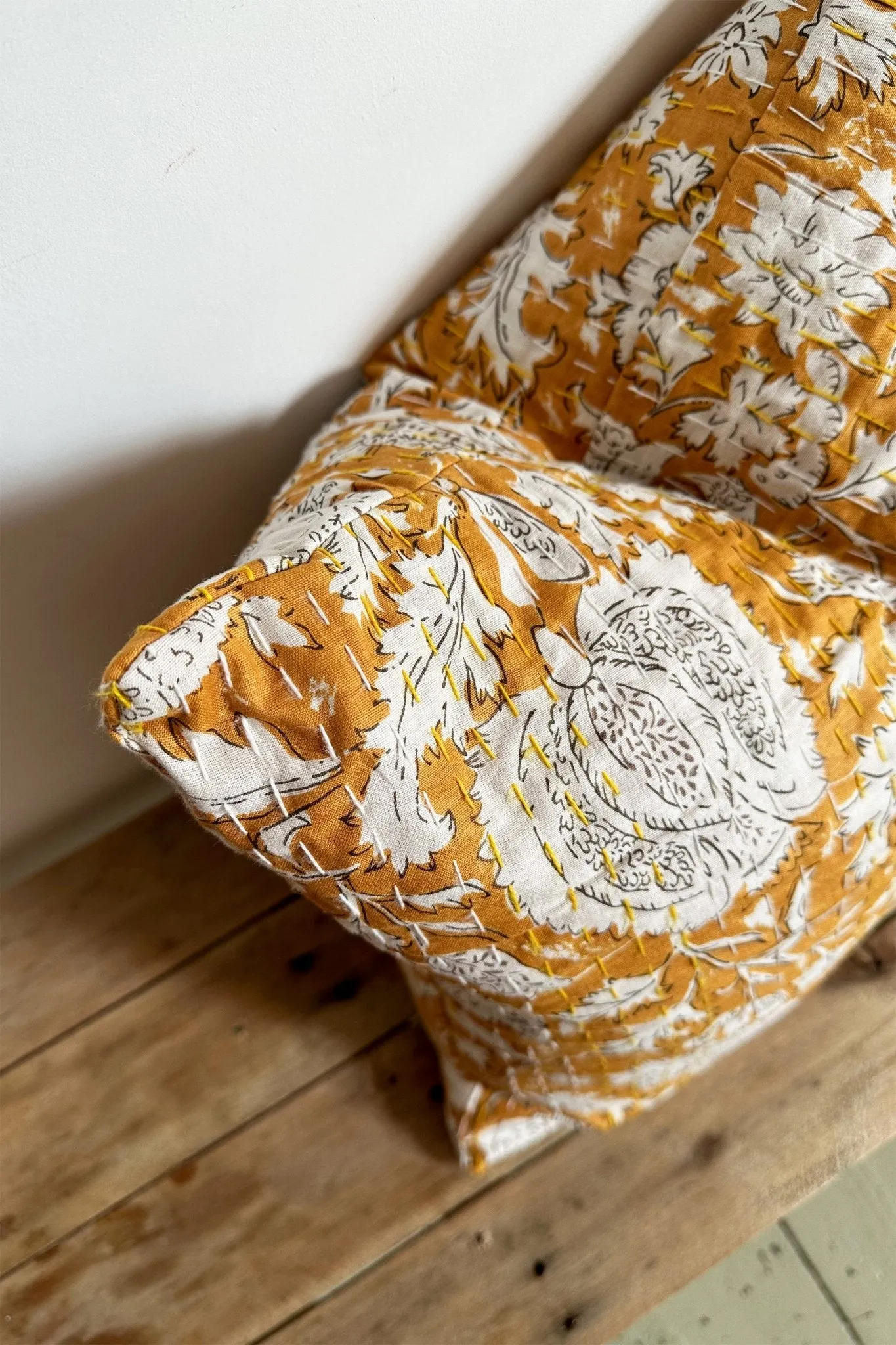 Mustard Yellow Floral Cushion, Block Printed and Hand Stitched Kantha Cotton