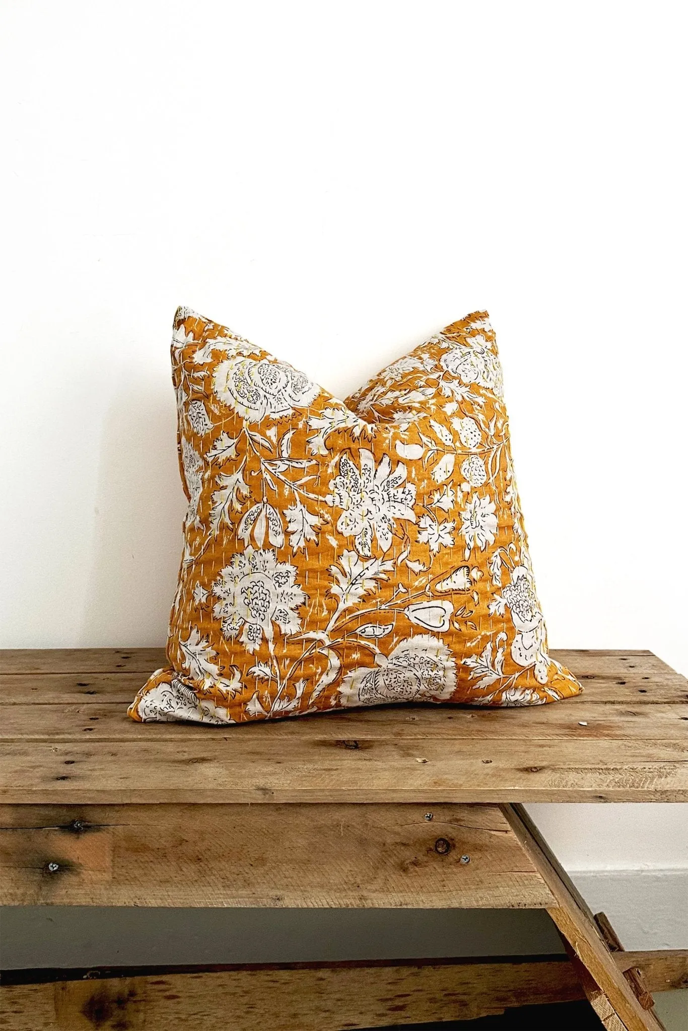 Mustard Yellow Floral Cushion, Block Printed and Hand Stitched Kantha Cotton
