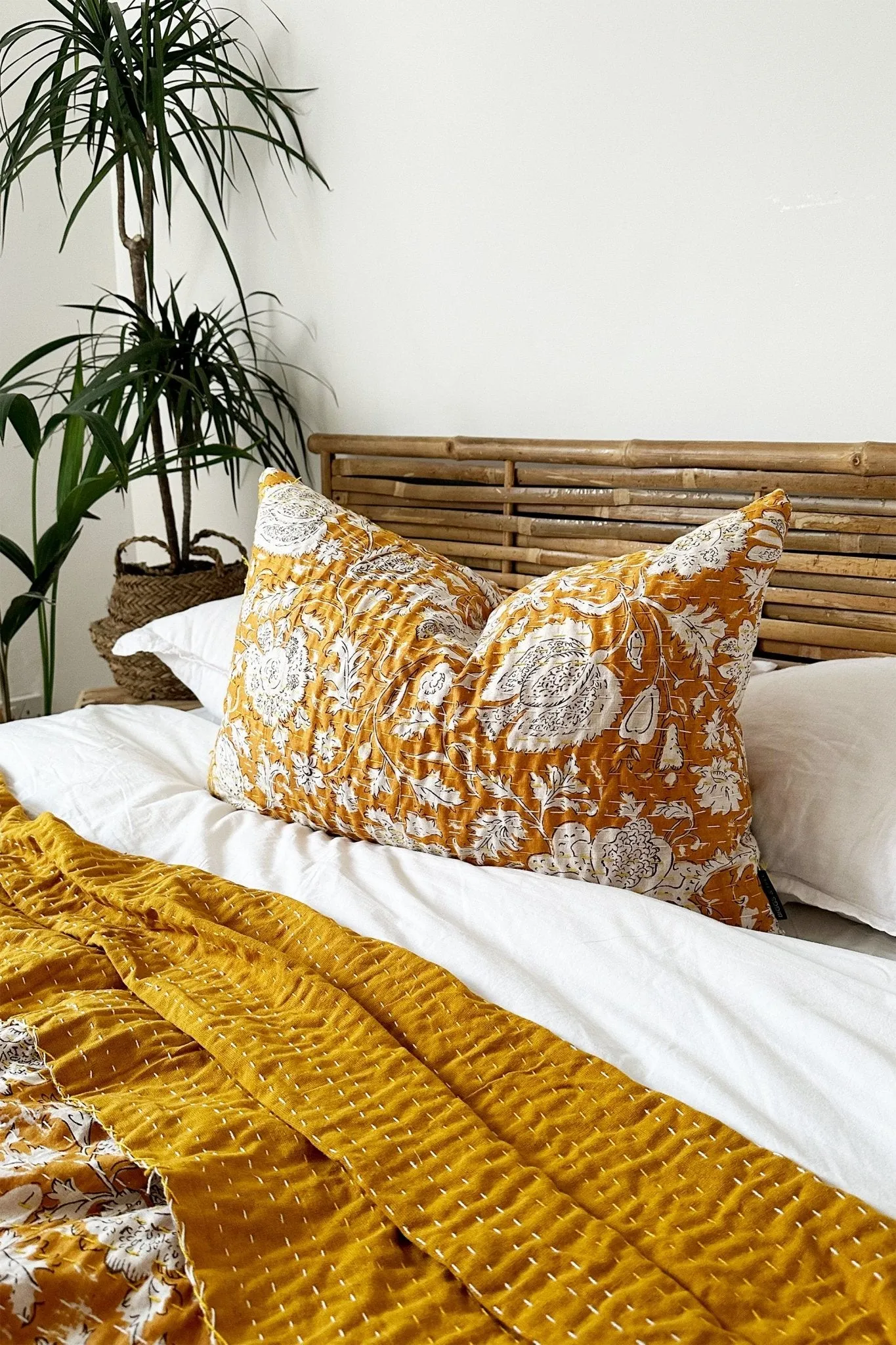 Mustard Yellow Floral Cushion, Block Printed and Hand Stitched Kantha Cotton