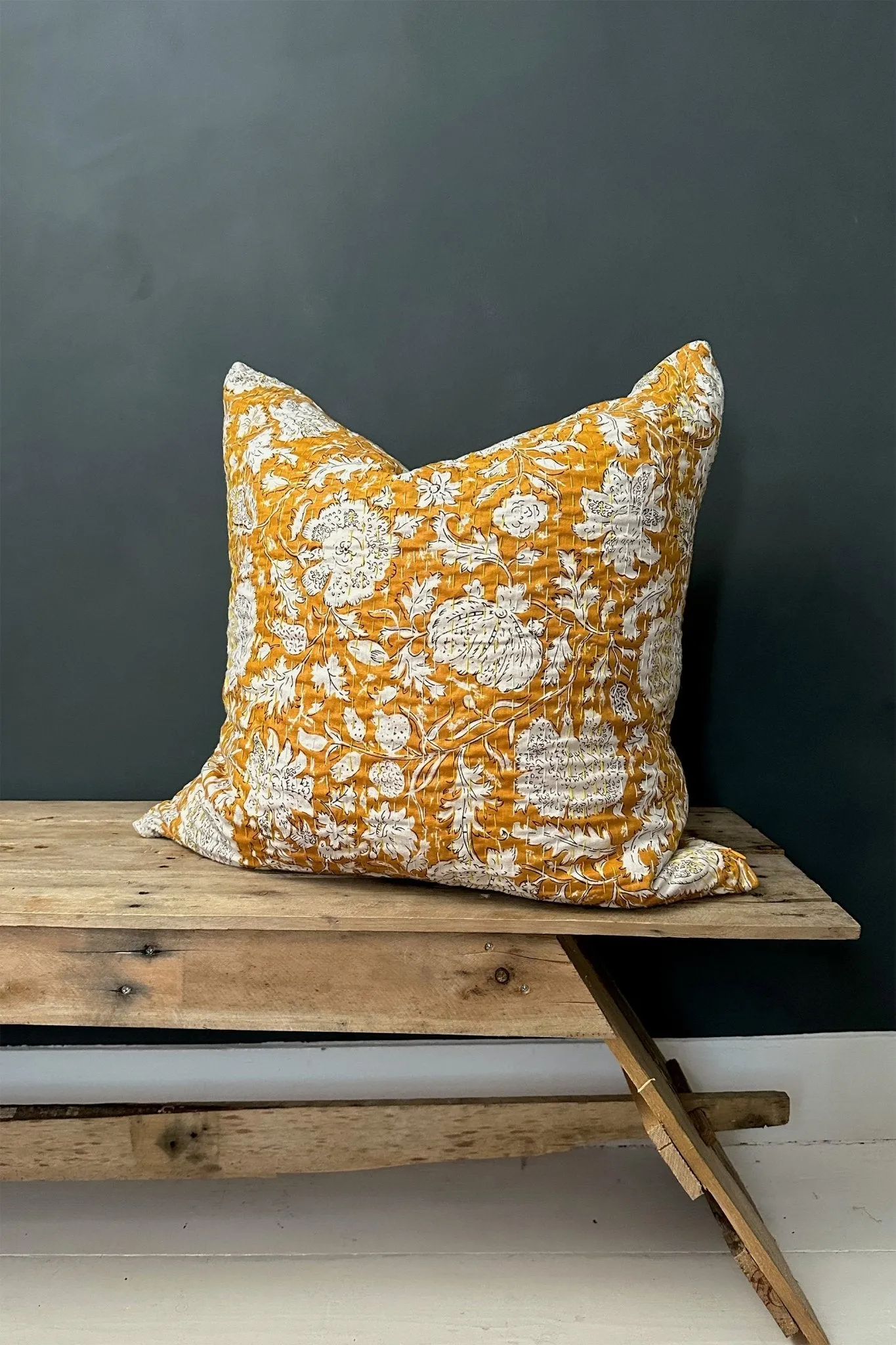Mustard Yellow Floral Cushion, Block Printed and Hand Stitched Kantha Cotton