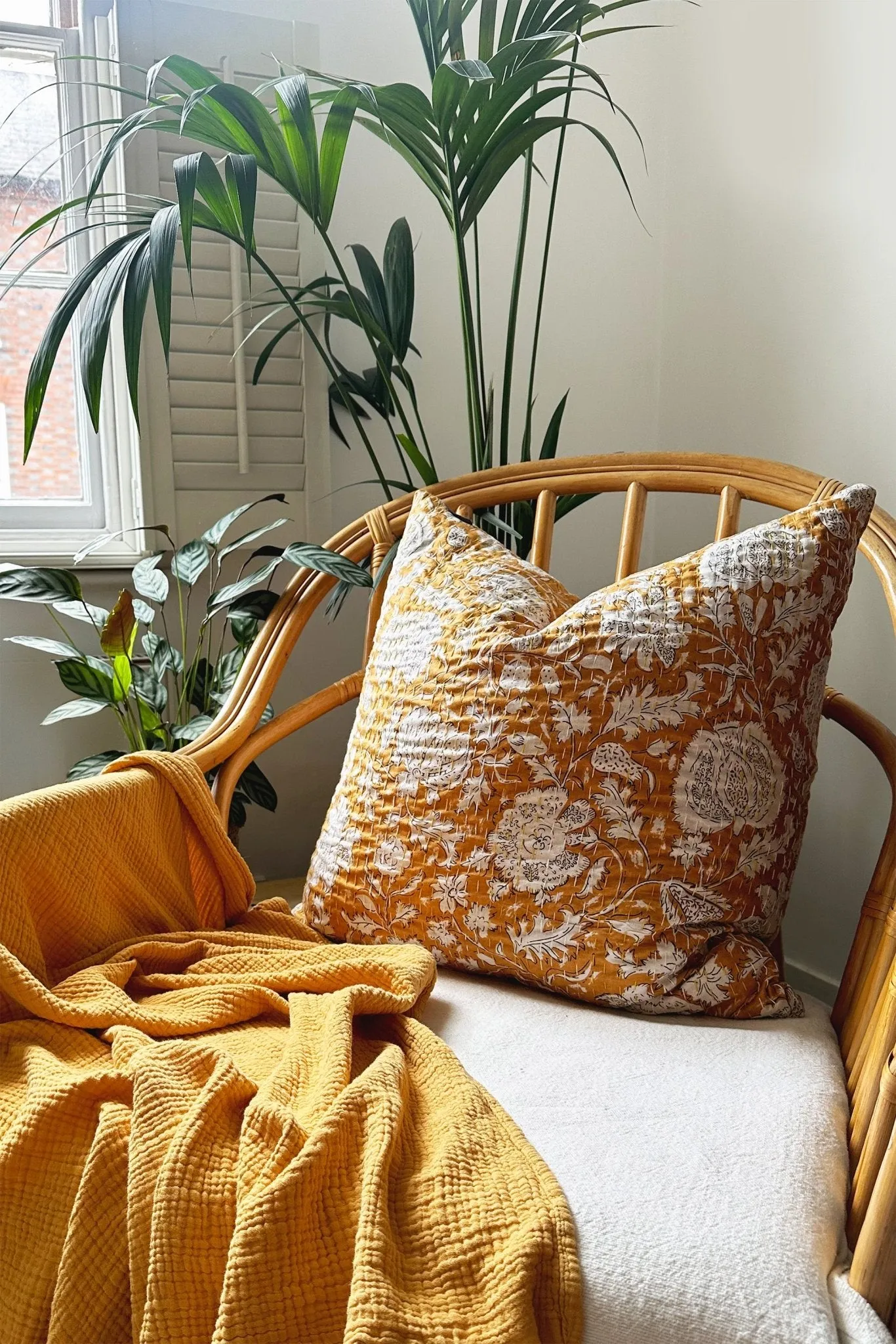 Mustard Yellow Floral Cushion, Block Printed and Hand Stitched Kantha Cotton
