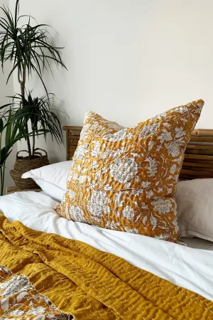 Mustard Yellow Floral Cushion, Block Printed and Hand Stitched Kantha Cotton