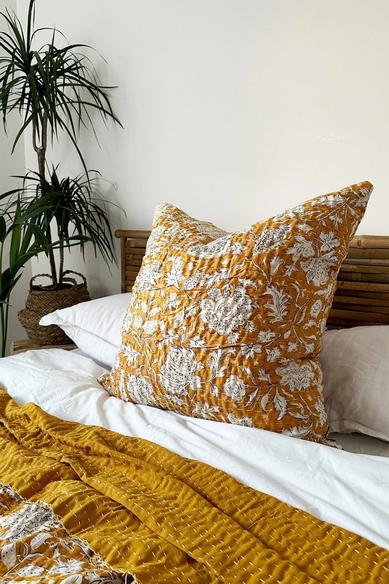 Mustard Yellow Floral Cushion, Block Printed and Hand Stitched Kantha Cotton