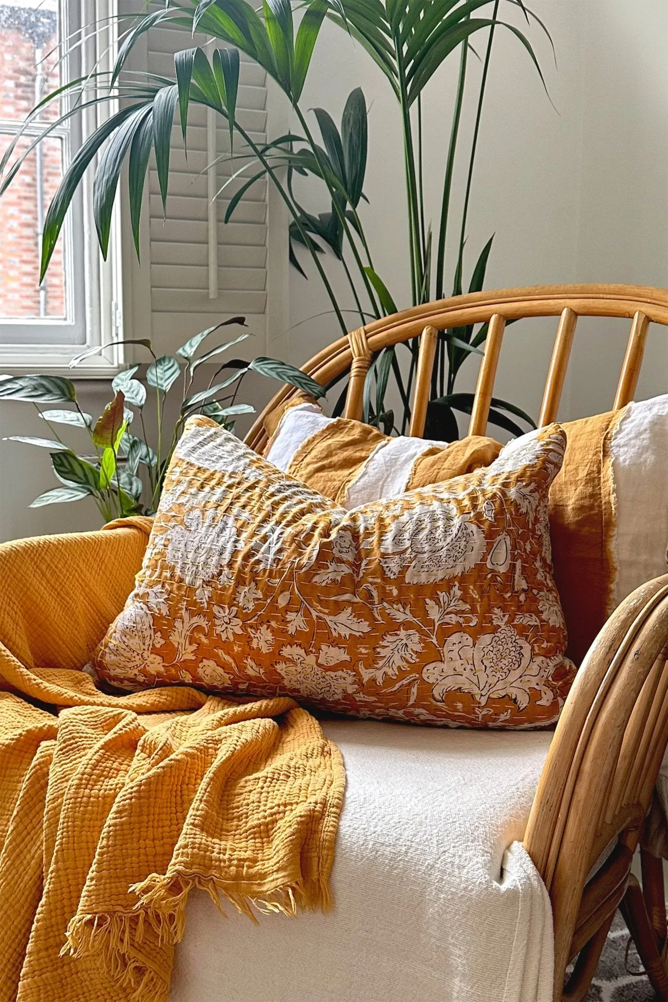 Mustard Yellow Floral Cushion, Block Printed and Hand Stitched Kantha Cotton