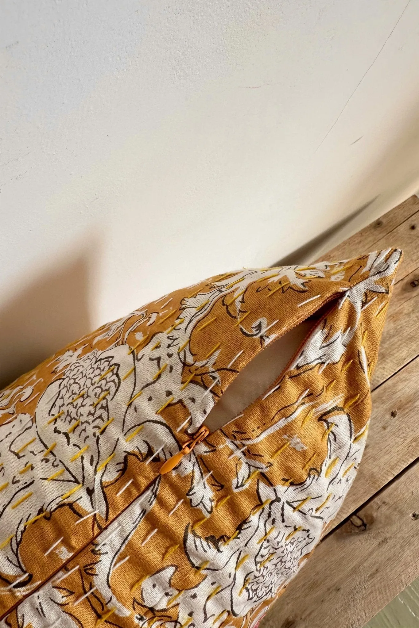 Mustard Yellow Floral Cushion, Block Printed and Hand Stitched Kantha Cotton