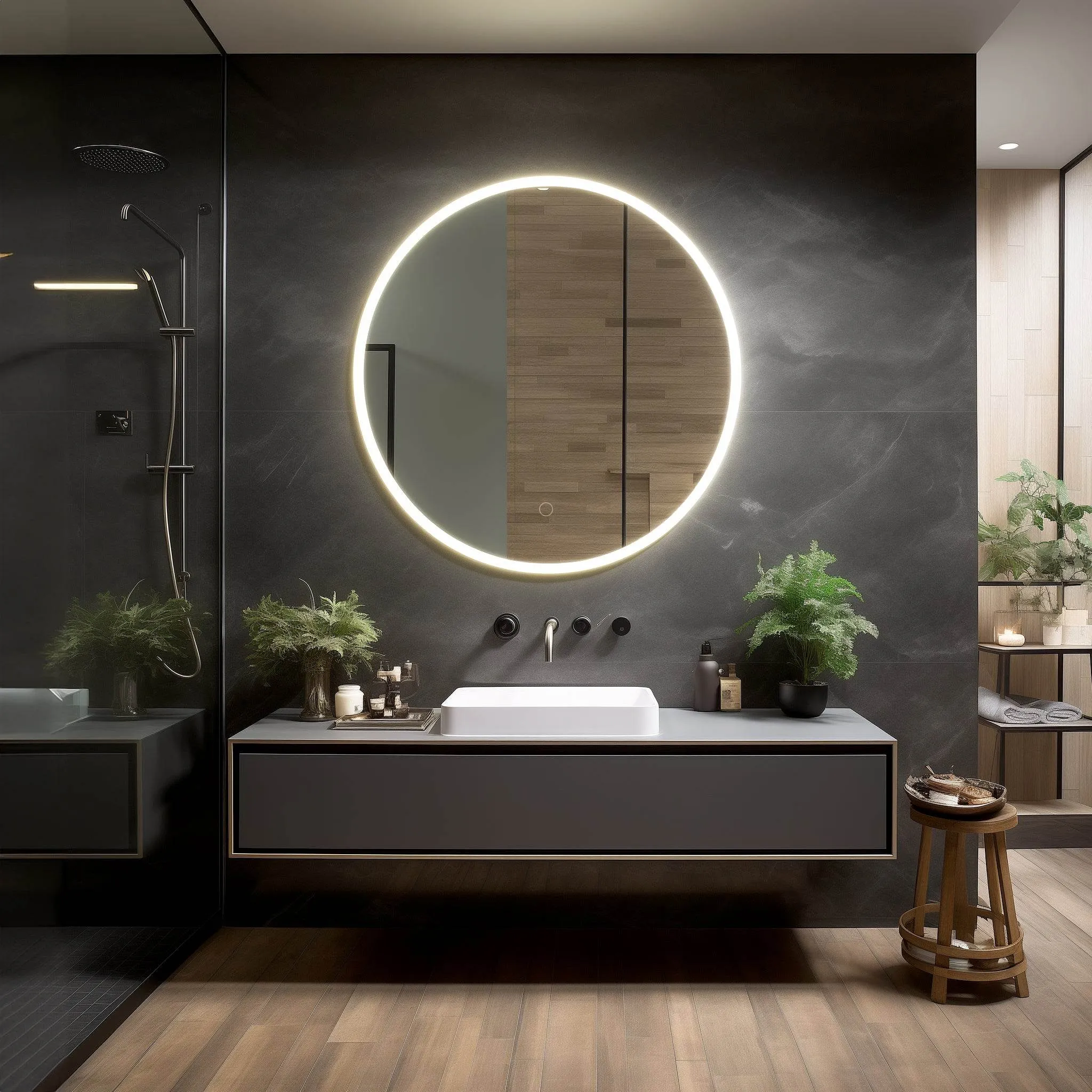 Onyx Round Frameless LED Mirror with Defogger and Integrated Touch Switch - Available in 2 Sizes