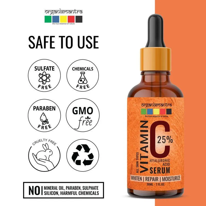 Organix Mantra Vitamin C Serum 25% for Face with Hyaluronic Acid, Ferulic Acid, Vitamin E, B3, Jojoba Oil, Aloe Vera and Grapefruit Extract, 30ML