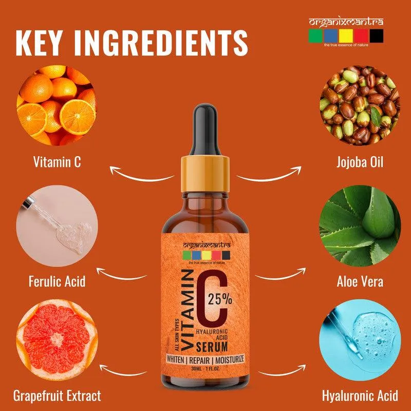 Organix Mantra Vitamin C Serum 25% for Face with Hyaluronic Acid, Ferulic Acid, Vitamin E, B3, Jojoba Oil, Aloe Vera and Grapefruit Extract, 30ML