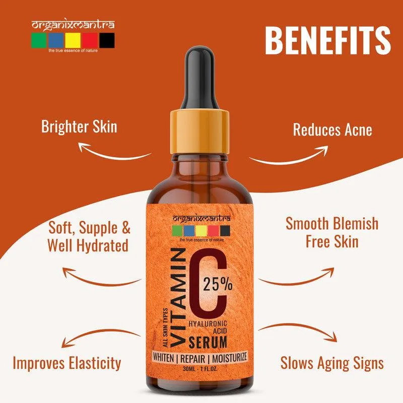 Organix Mantra Vitamin C Serum 25% for Face with Hyaluronic Acid, Ferulic Acid, Vitamin E, B3, Jojoba Oil, Aloe Vera and Grapefruit Extract, 30ML