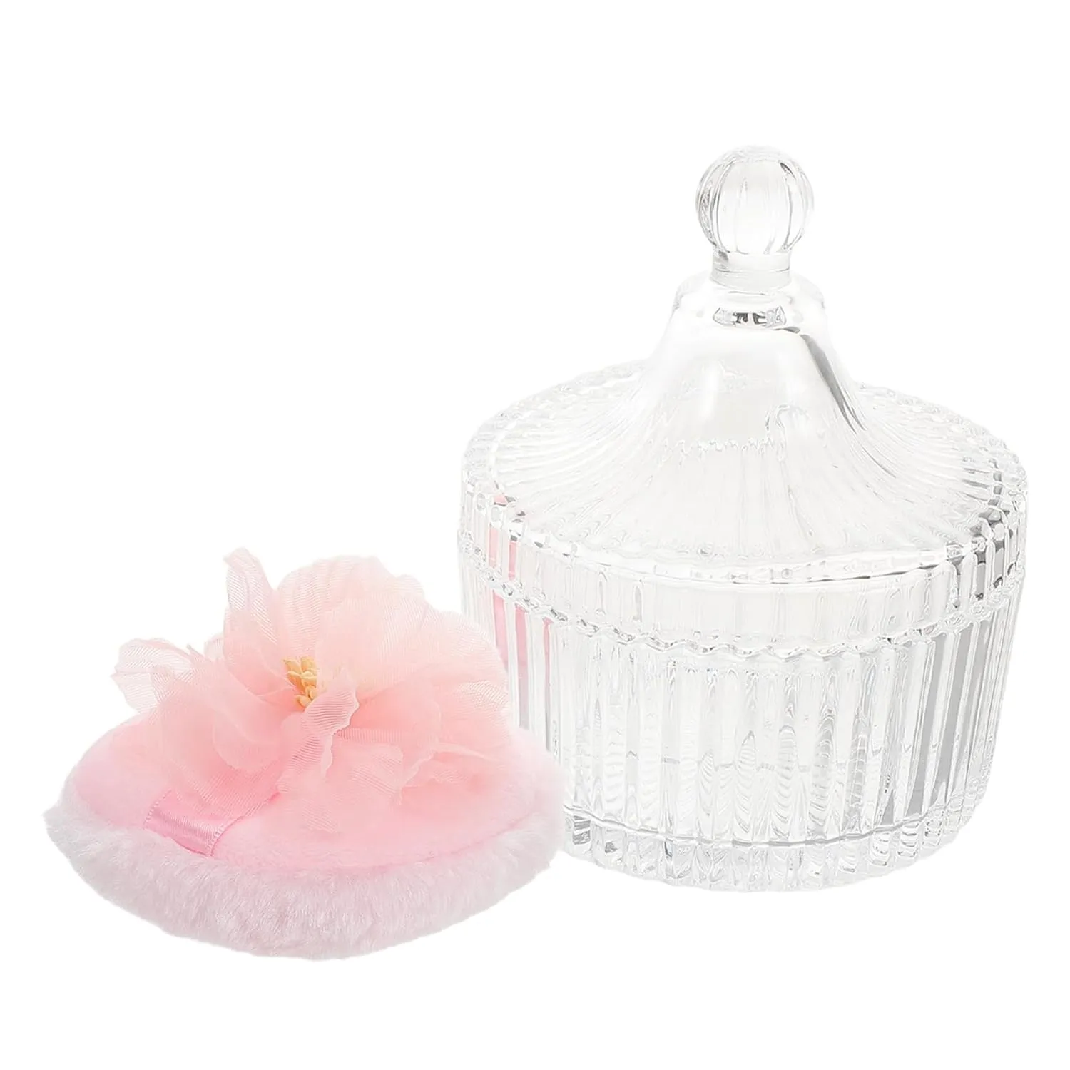 PartyKindom 1Set Body Powder Puff with Glass Container Soft Velvet Dual Sided Puff for Powder and Makeup Stylish Ribbon Flower Design with Dustproof Storage Box