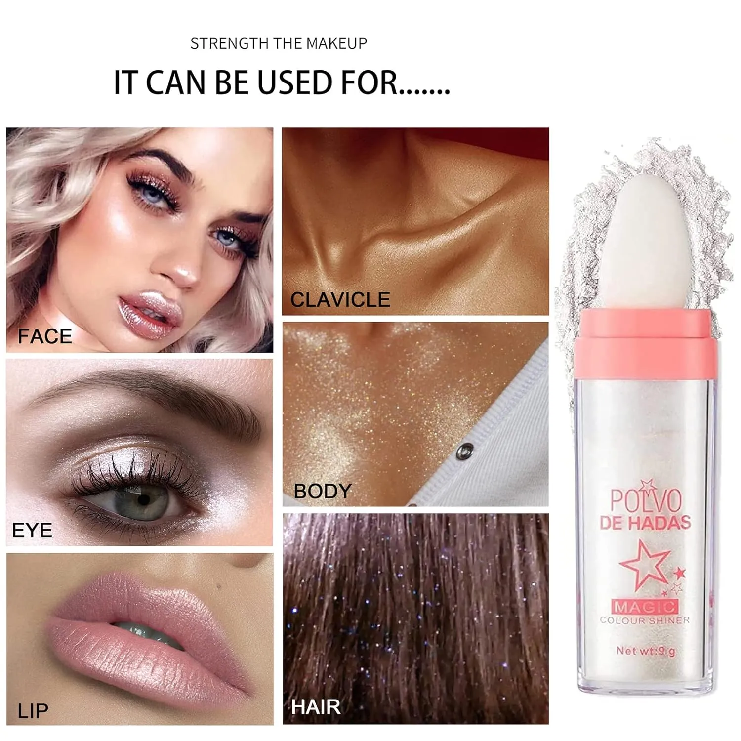 Polvo De Hadas Puff Fairy Powder 3D High-Gloss Glitter Loose Face Blusher Shimming for Eyes, Face, Body Makeup