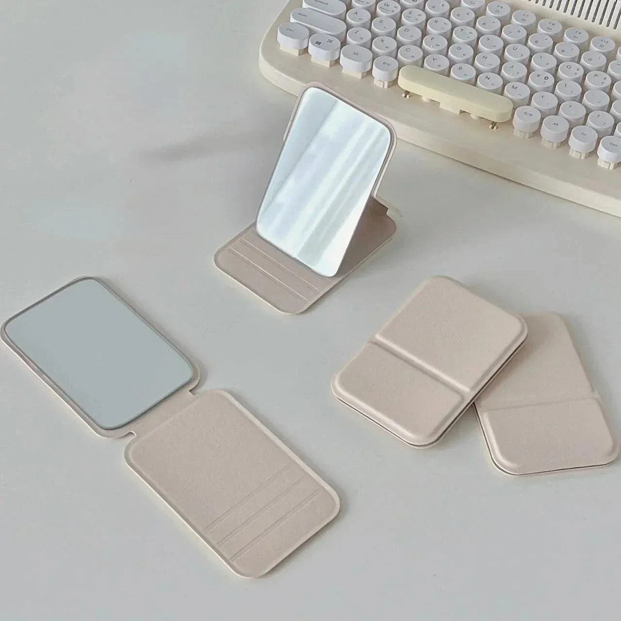 Portable Leather Foldable Makeup Mirror Handheld Compact Cute Desktop Pocket Mirror
