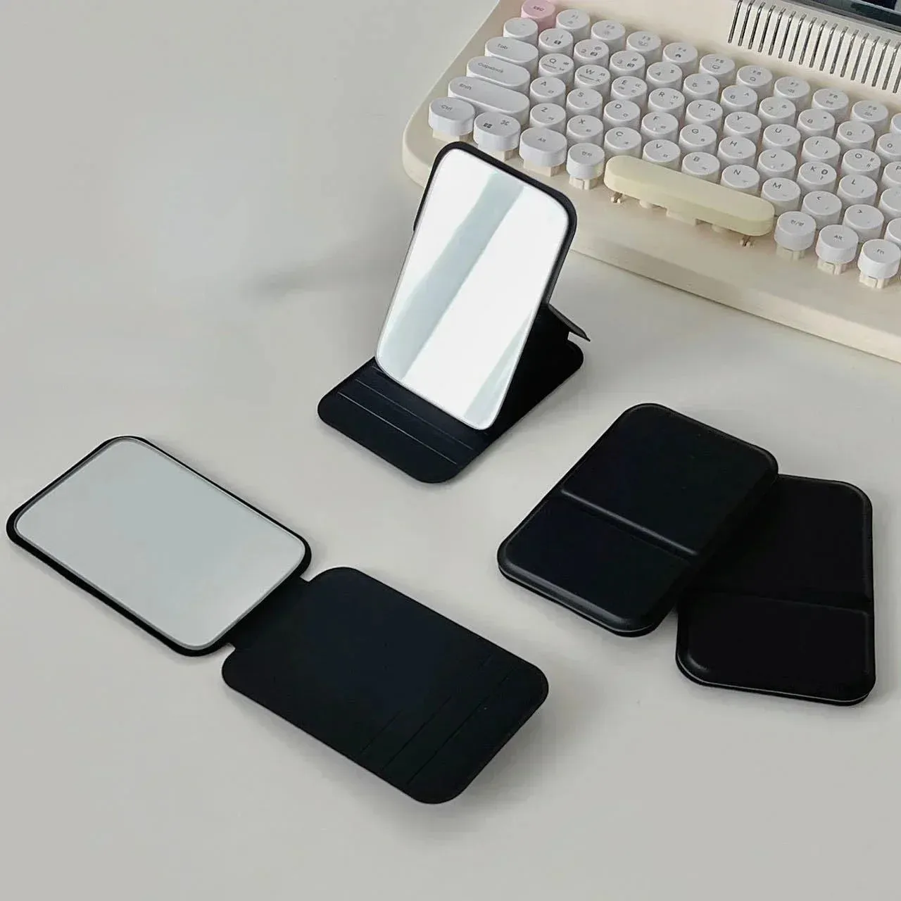Portable Leather Foldable Makeup Mirror Handheld Compact Cute Desktop Pocket Mirror