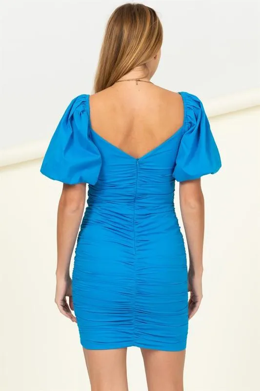 puff short sleeve ruched dress