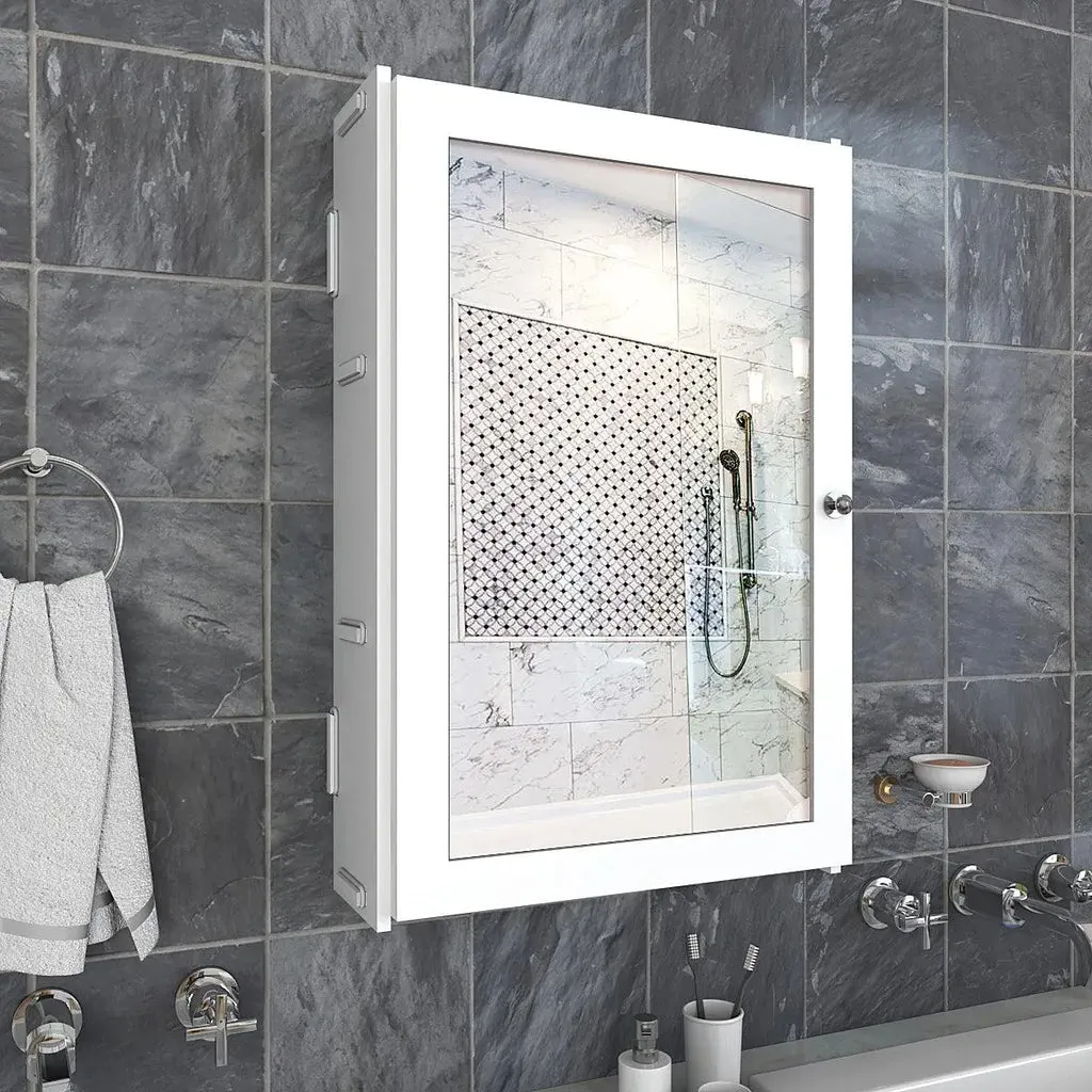 Rectangular Structured Wooden Bathroom Cabinet Mirror with 3 Spacious Shelves White Finish