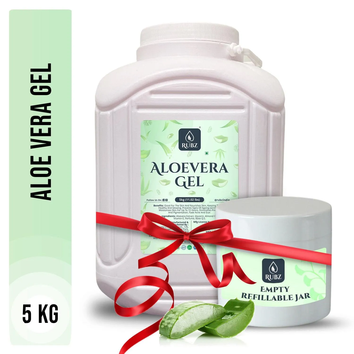 Rubz 100% Pure Natural Aloe Vera Gel 5Kg With 200 gm Refillable Jar | Transperant Gel for Skin, Face, Acne Scars, Hair Care, Body Moisturizer & Dark Circles | For Spa, Salon, Family